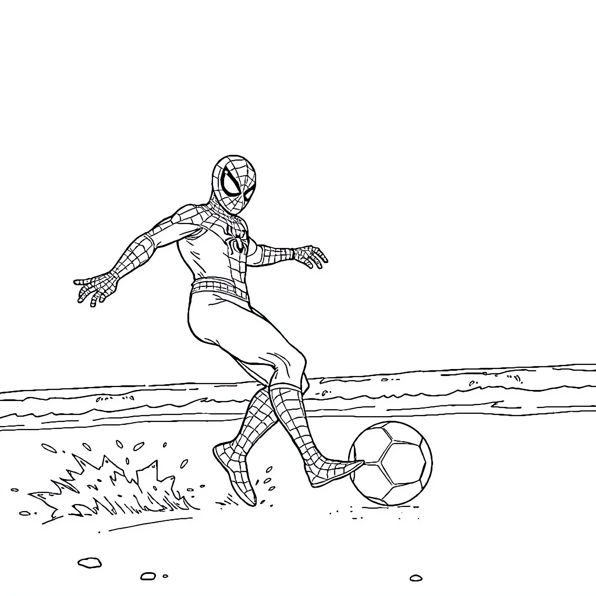 Spiderman kicks soccer ball on the beach Coloring Page (free black-and-white line drawing printable PDF for all, from beginners to advanced learners, including children, teens, adults, and seniors)