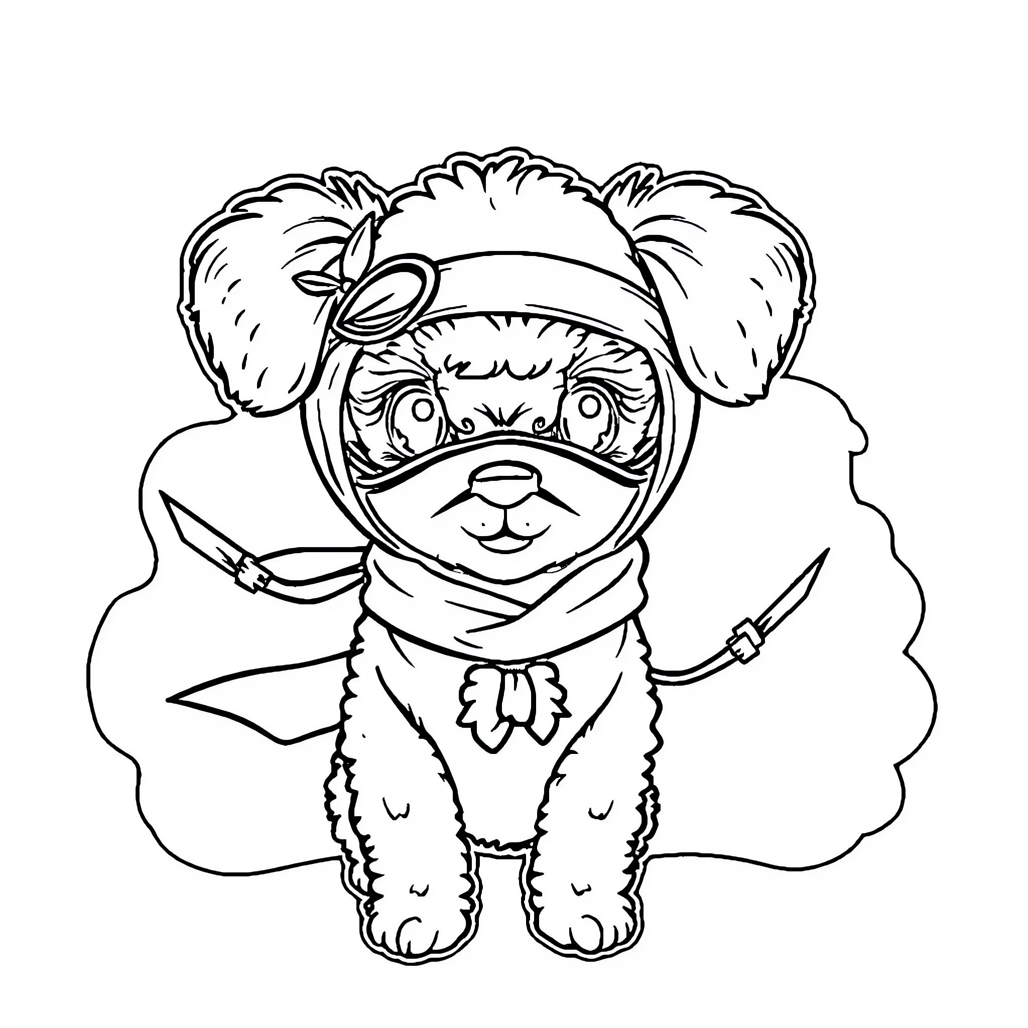 Poodle dressed as adventurous explorer Coloring Page (free black-and-white line drawing printable PDF for all, from beginners to advanced learners, including children, teens, adults, and seniors)
