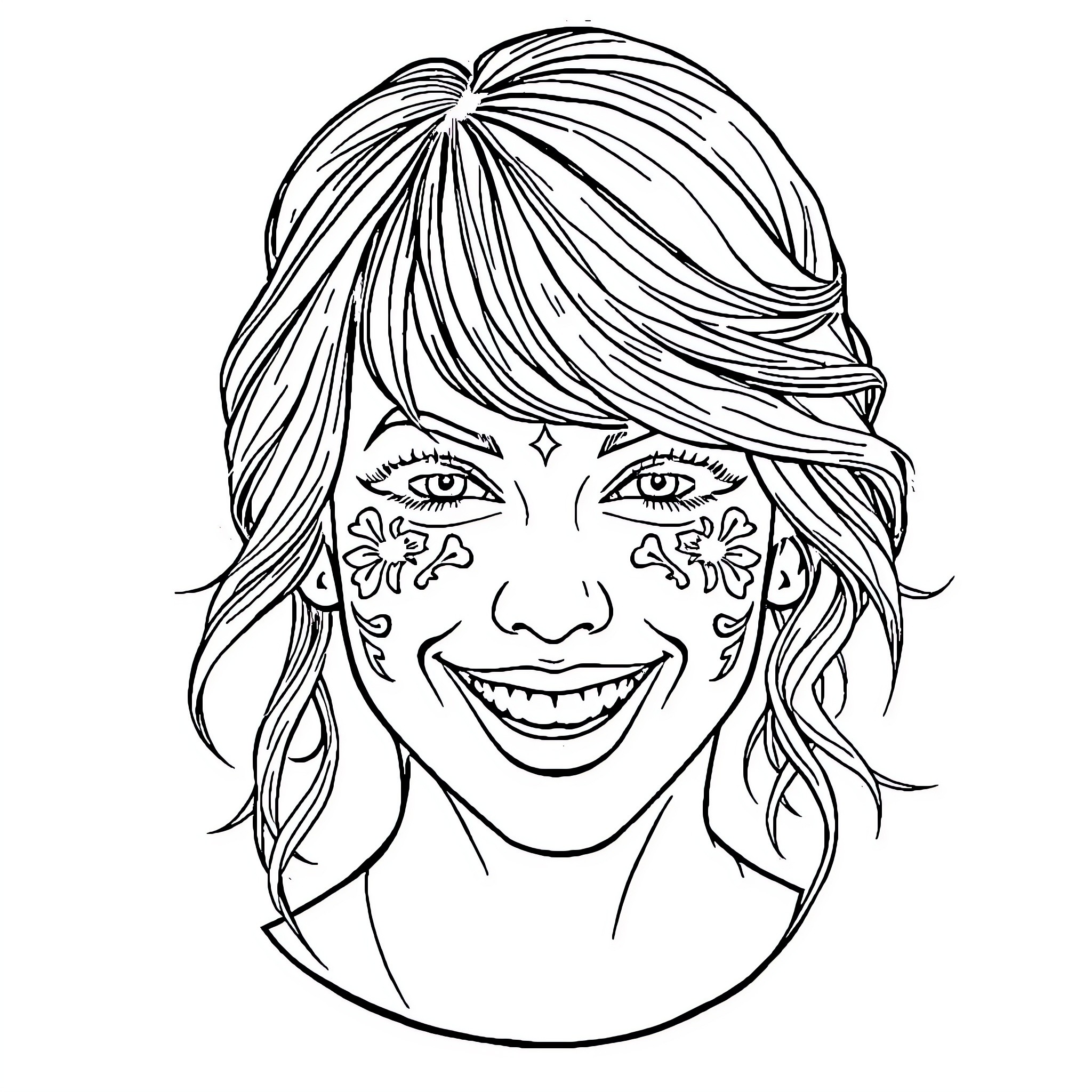 Taylor Swift smiling with sparkly face paint Coloring Page (free black-and-white line drawing printable PDF for all, from beginners to advanced learners, including children, teens, adults, and seniors)