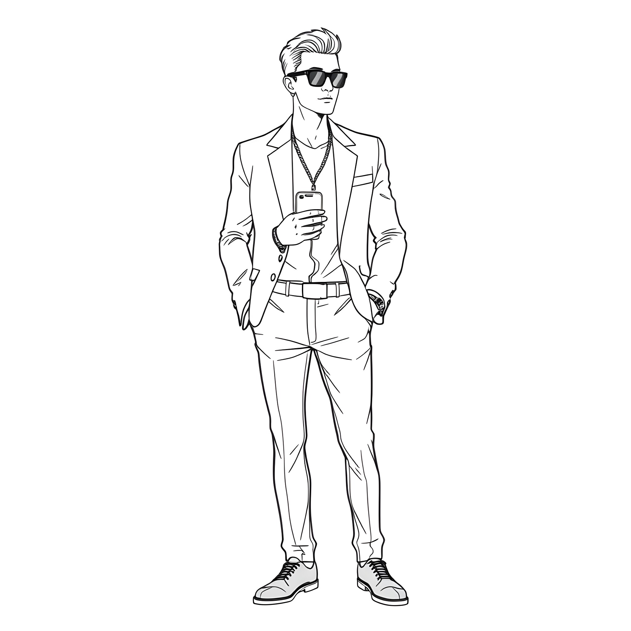 Man in a stylish business suit with sunglasses Coloring Page (free black-and-white line drawing printable PDF for all, from beginners to advanced learners, including children, teens, adults, and seniors)