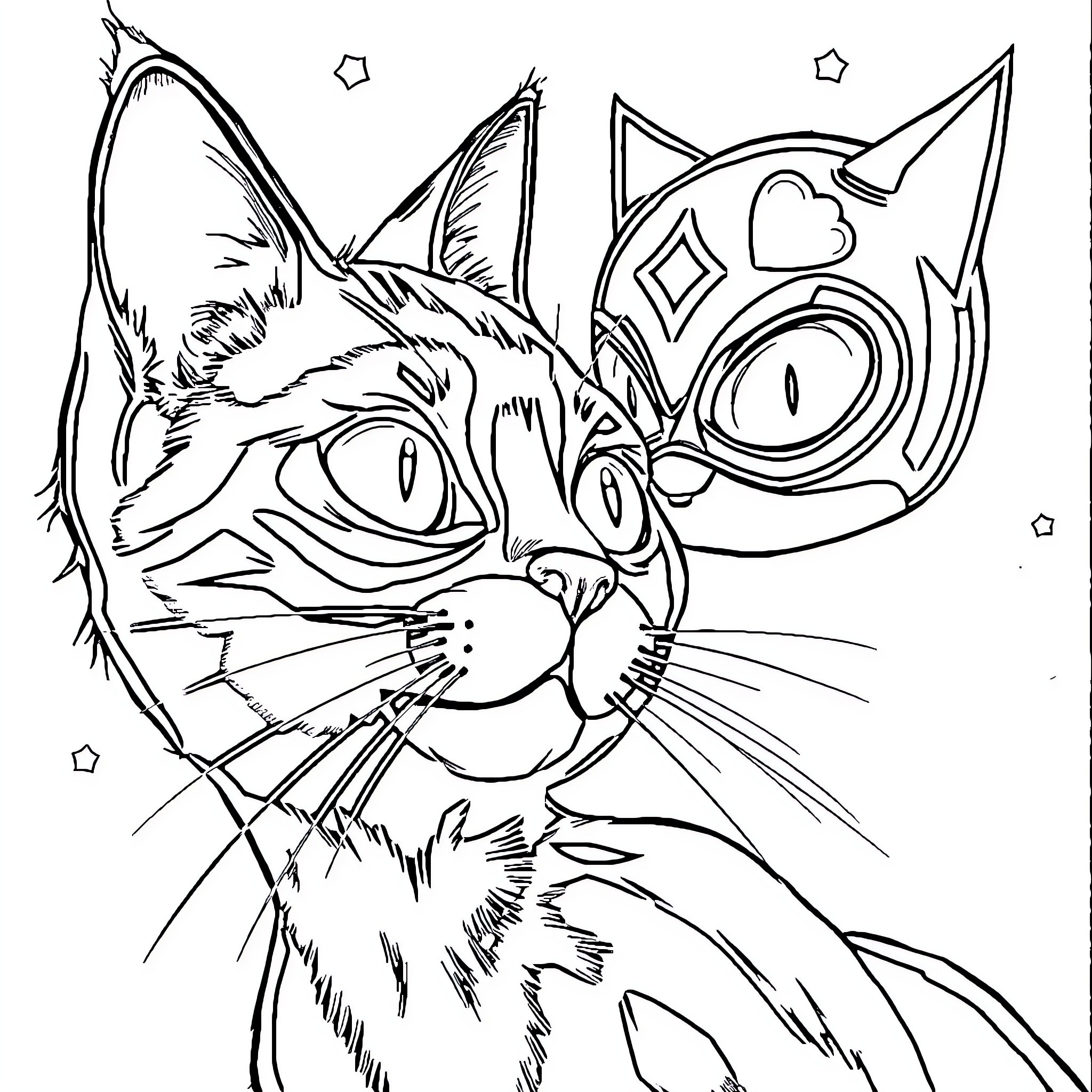 Cat with abstract geometric markings Coloring Page (free black-and-white line drawing printable PDF for all, from beginners to advanced learners, including children, teens, adults, and seniors)