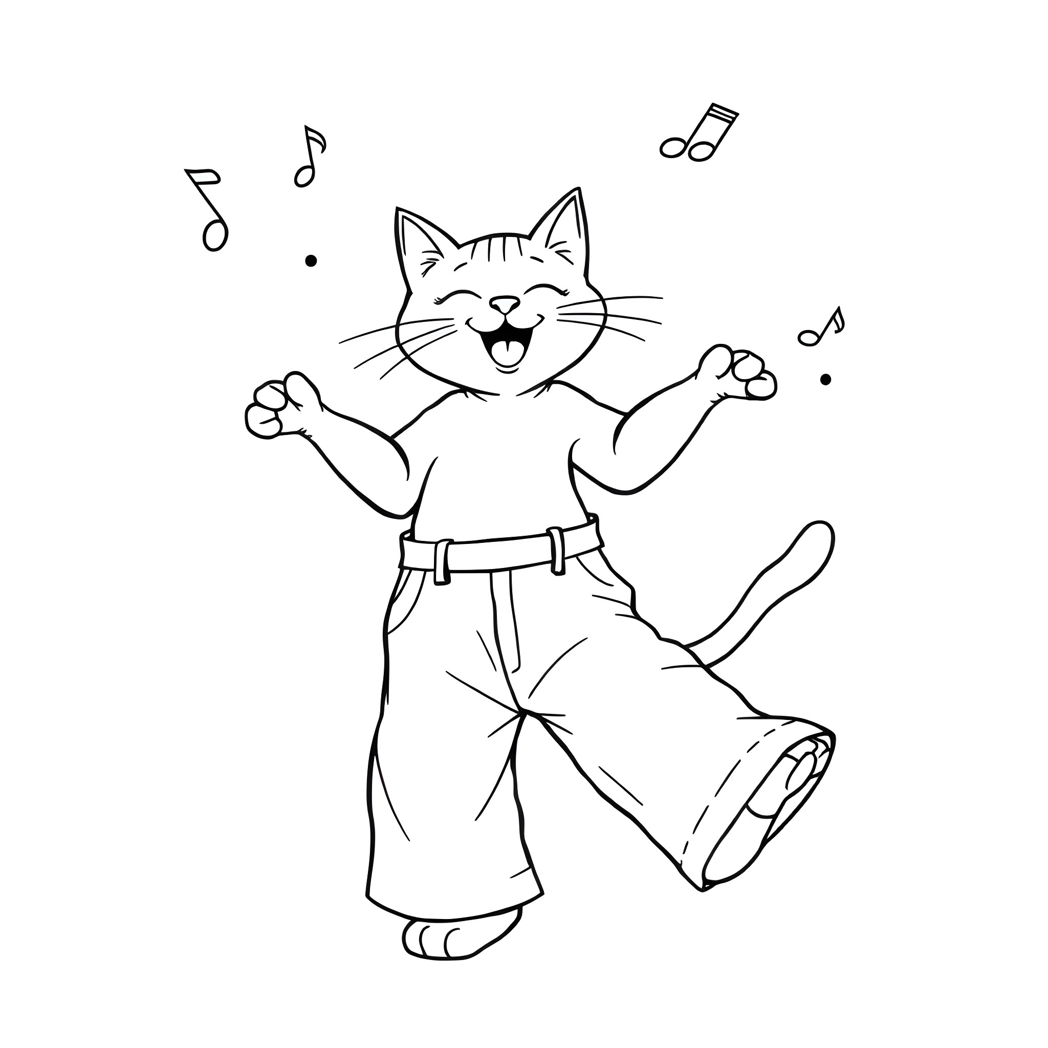 Cat joyfully singing and dancing Coloring Page (free black-and-white line drawing printable PDF for all, from beginners to advanced learners, including children, teens, adults, and seniors)