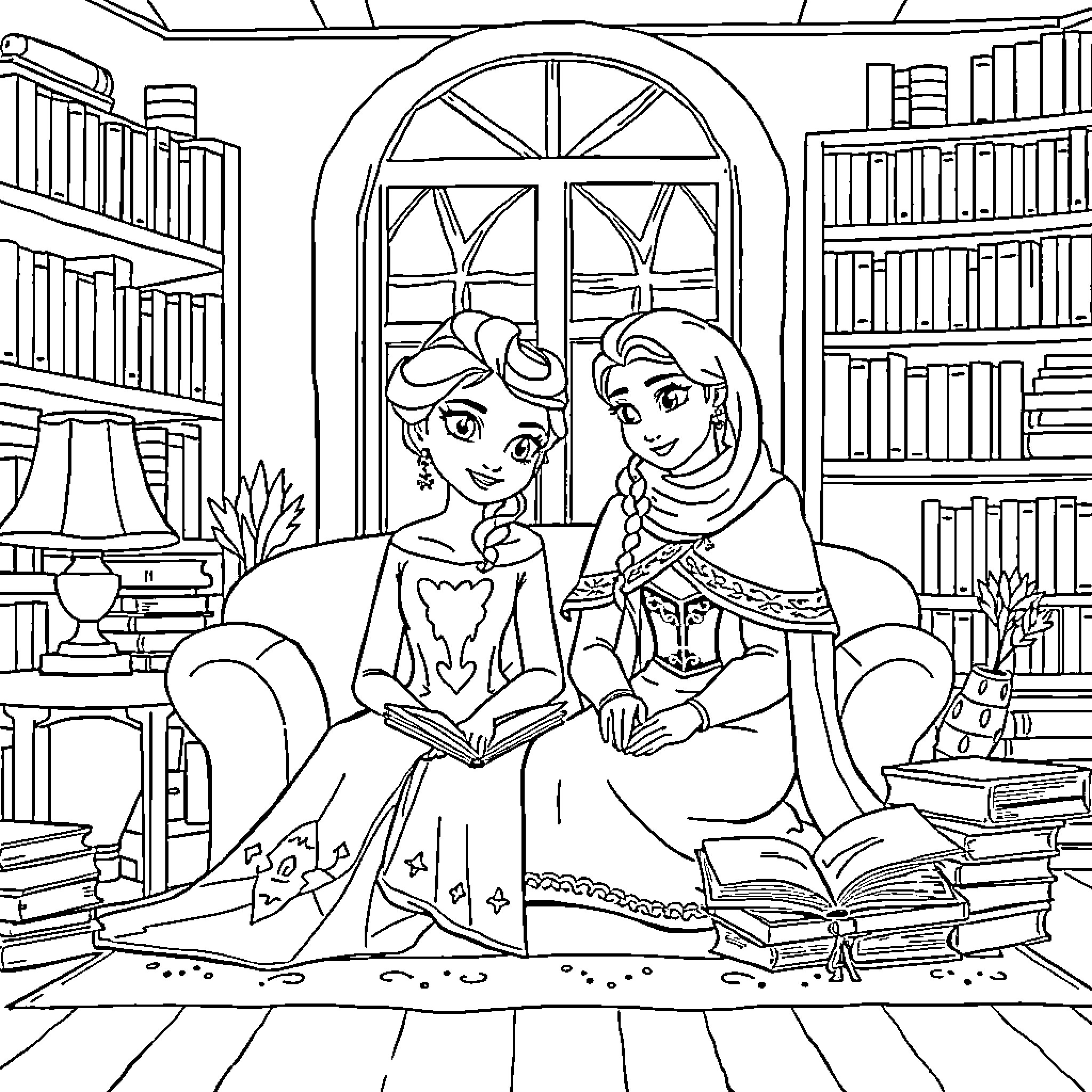Elsa and her friend reading books in the library Coloring Page (free black-and-white line drawing printable PDF for all, from beginners to advanced learners, including children, teens, adults, and seniors)
