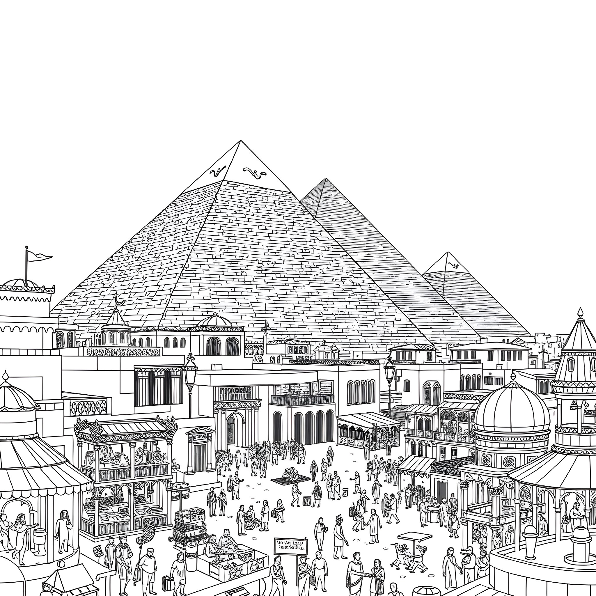 Pyramid Marketplace with Busy Crowds and Shops Coloring Page (free black-and-white line drawing printable PDF for all, from beginners to advanced learners, including children, teens, adults, and seniors)