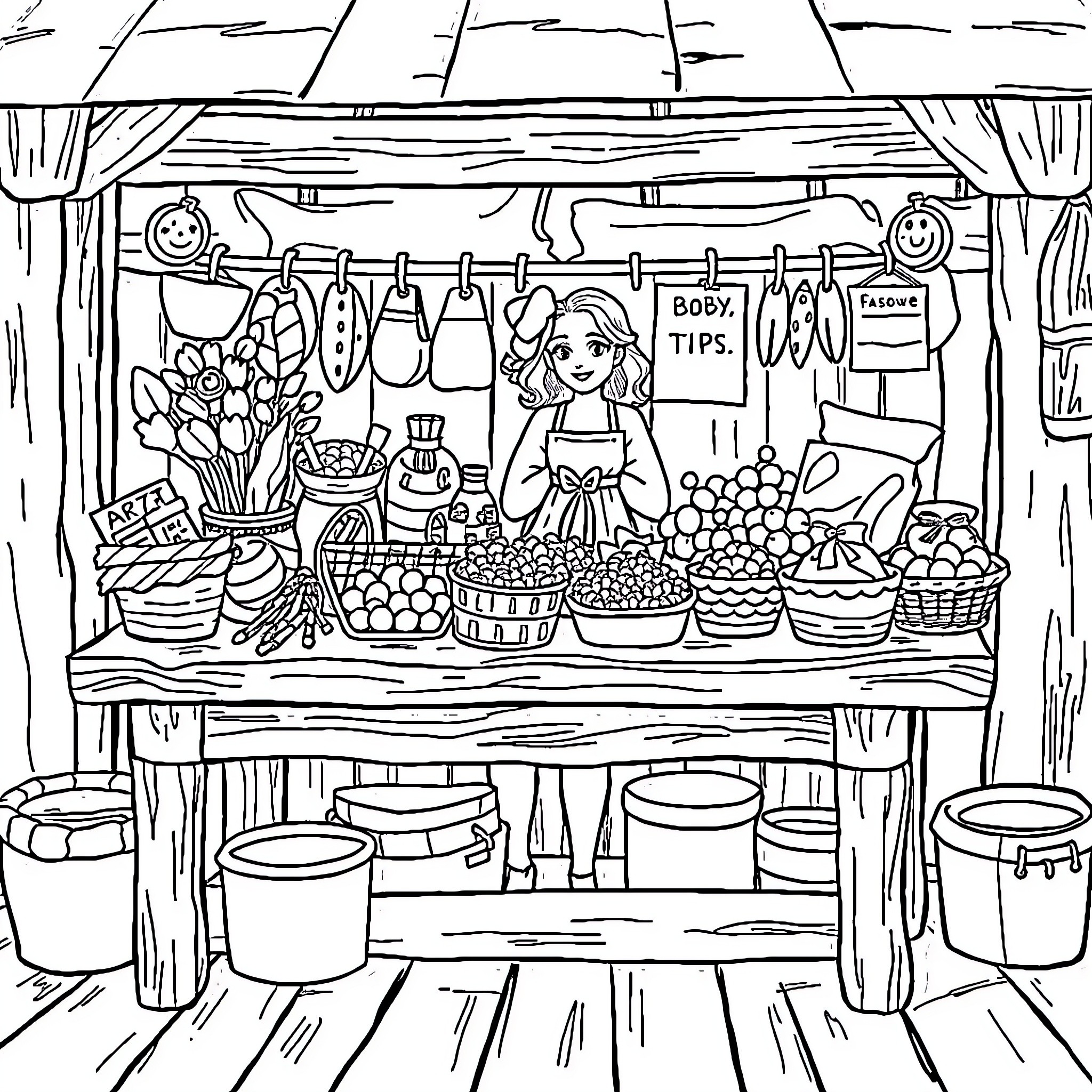 Bobbie's Bustling Farmer's Market Stand Coloring Page (free black-and-white line drawing printable PDF for all, from beginners to advanced learners, including children, teens, adults, and seniors)