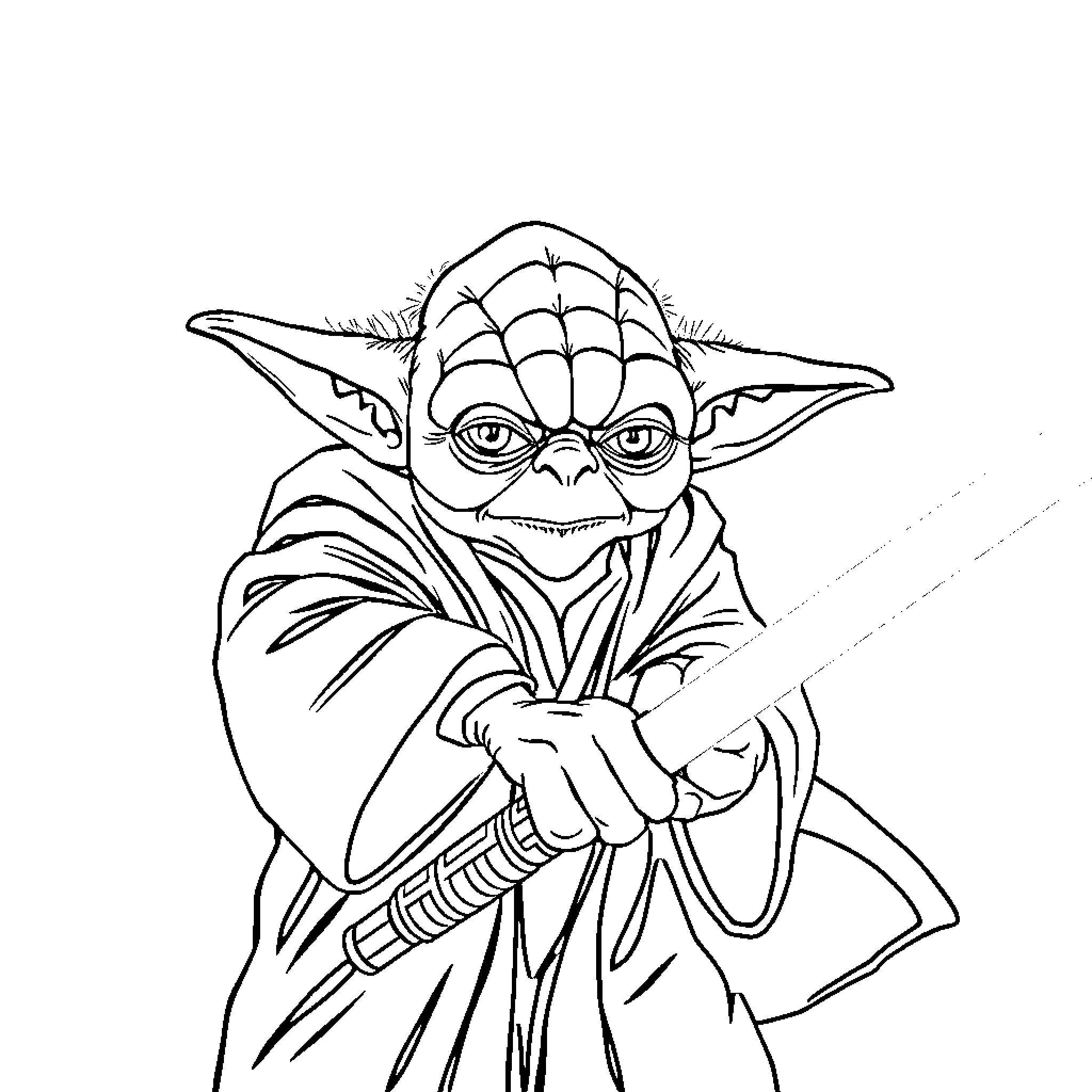 Yoda wielding his lightsaber in action Coloring Page (free black-and-white line drawing printable PDF for all, from beginners to advanced learners, including children, teens, adults, and seniors)