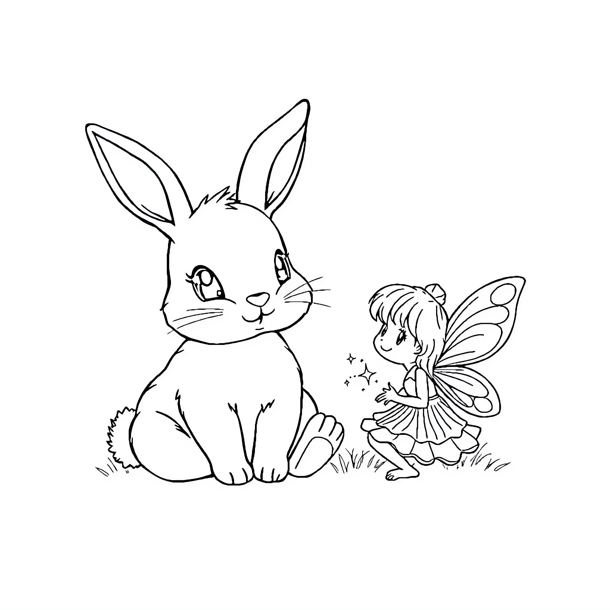 Bunny and Fairy Playing in the Meadow Coloring Page (free black-and-white line drawing printable PDF for all, from beginners to advanced learners, including children, teens, adults, and seniors)