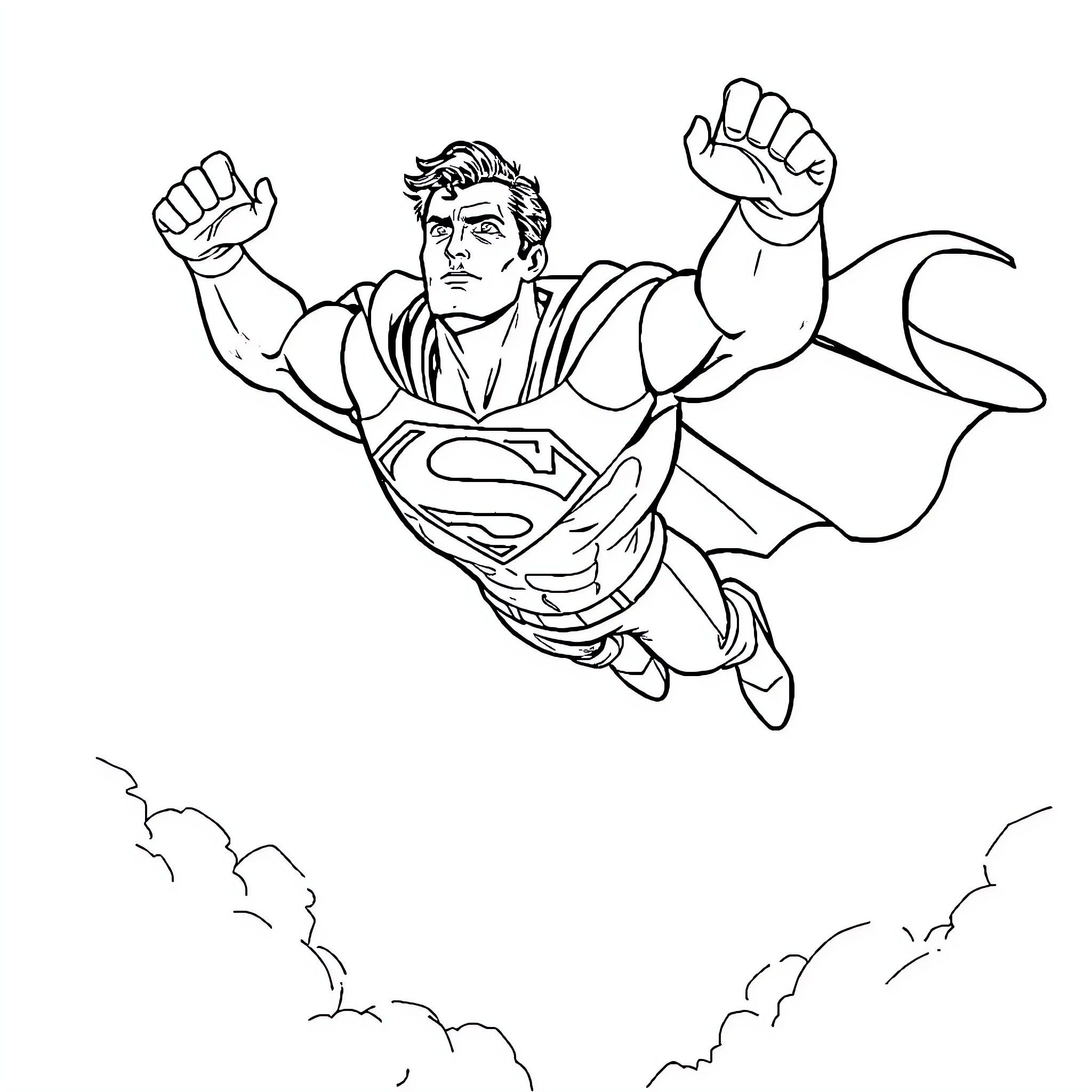 Superman flying heroically through the sky Coloring Page (free black-and-white line drawing printable PDF for all, from beginners to advanced learners, including children, teens, adults, and seniors)