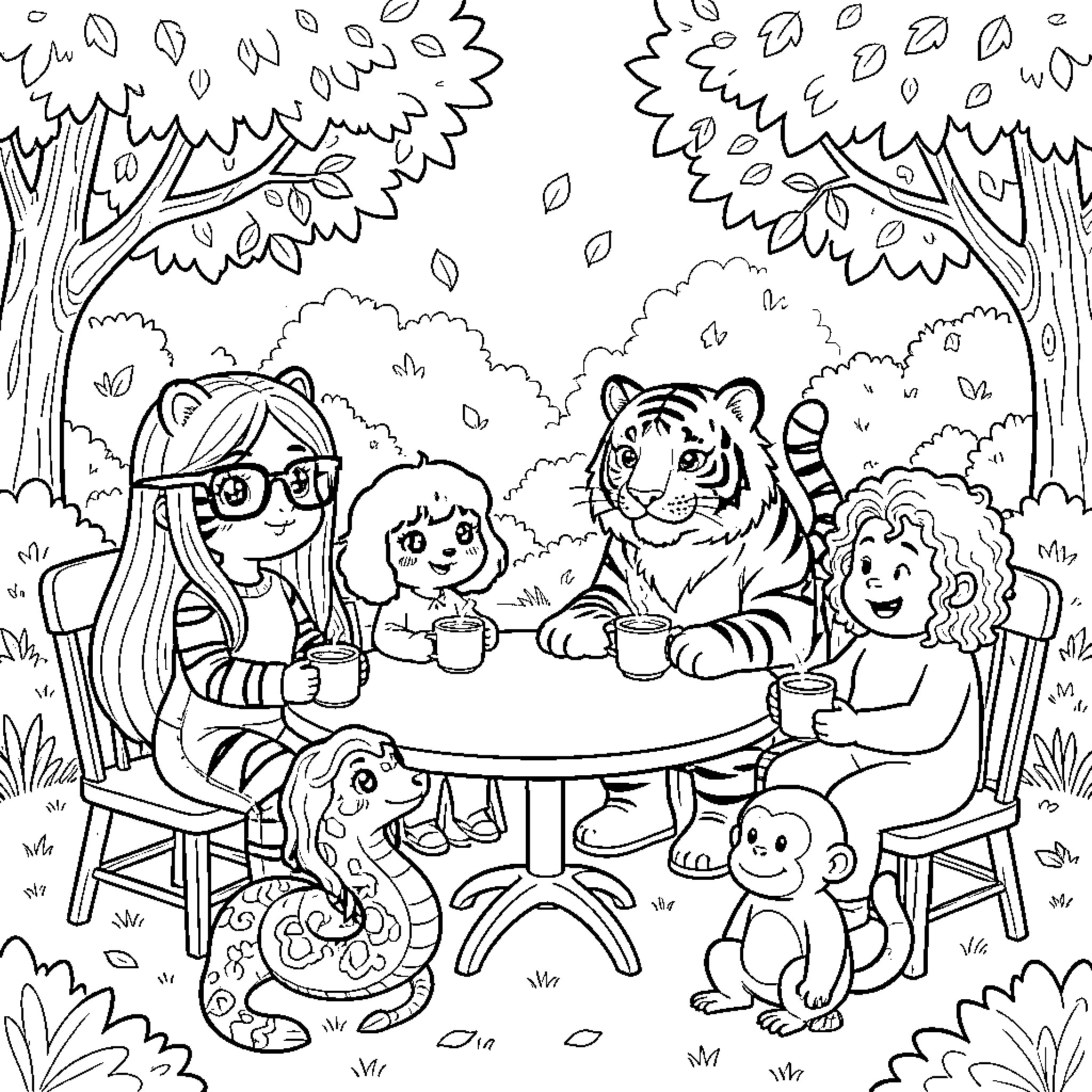 Tigre Family Tea Party in the Forest Coloring Page (free black-and-white line drawing printable PDF for all, from beginners to advanced learners, including children, teens, adults, and seniors)