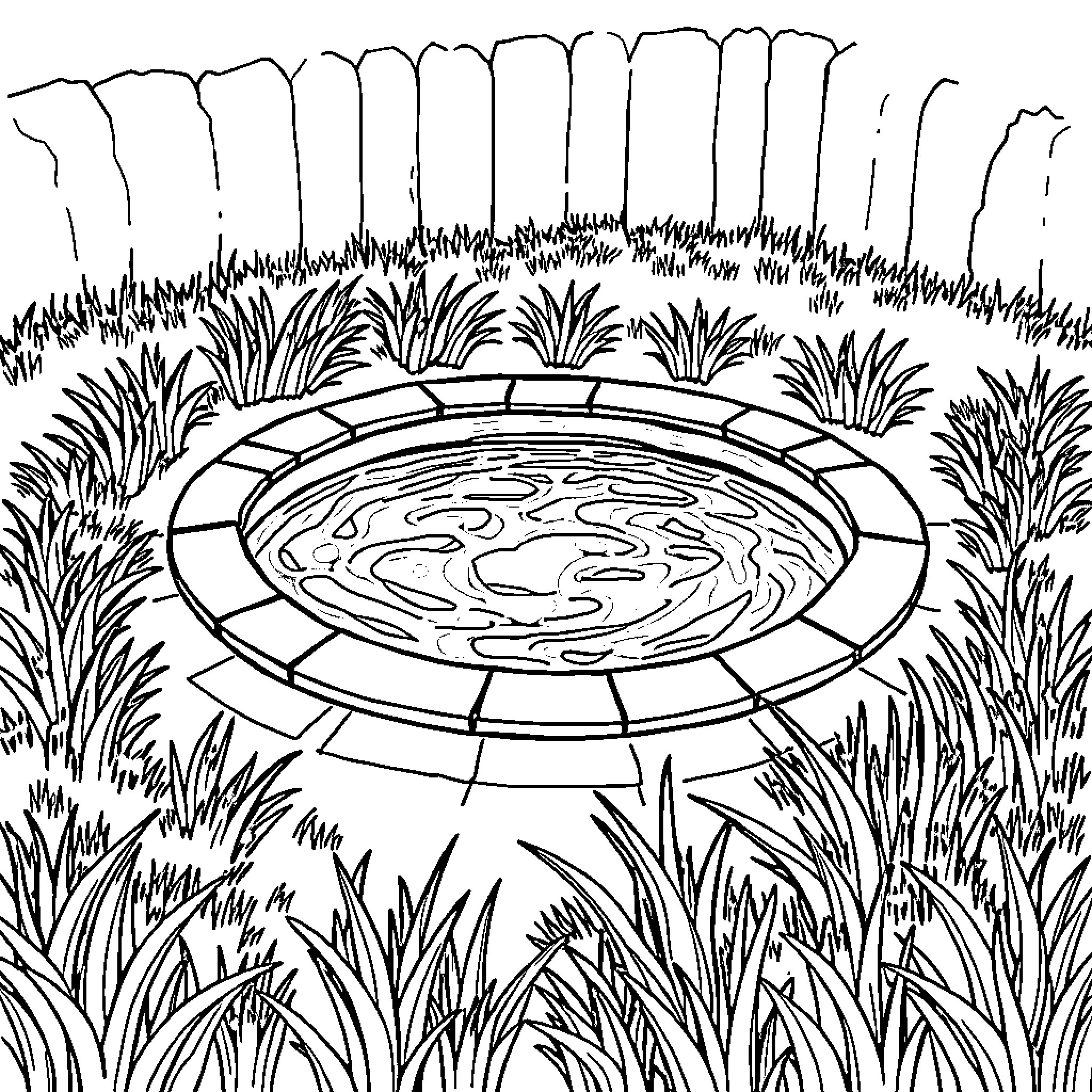 Pool in the Grassy Field Coloring Page (free black-and-white line drawing printable PDF for all, from beginners to advanced learners, including children, teens, adults, and seniors)