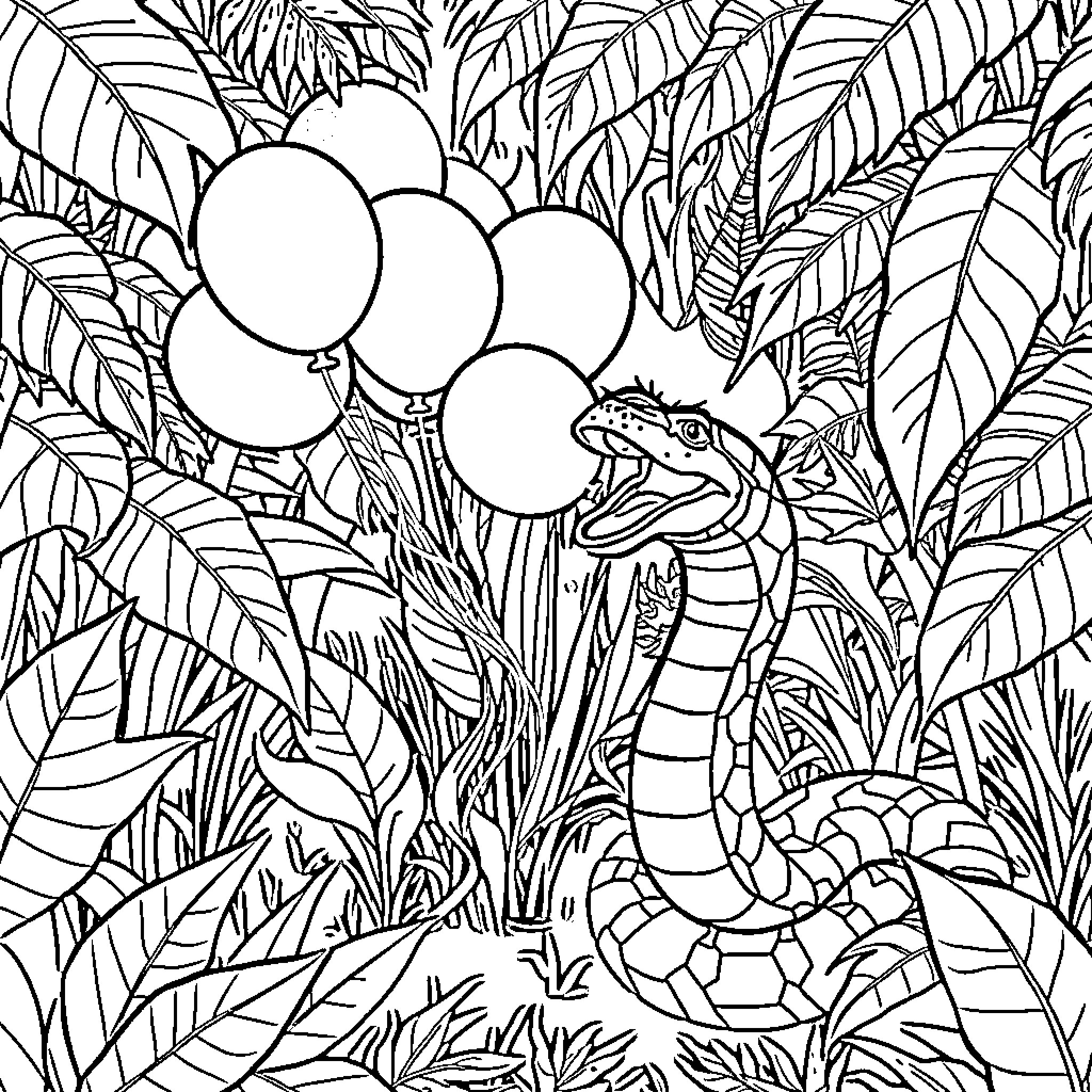 Snake with balloons in the jungle foliage Coloring Page (free black-and-white line drawing printable PDF for all, from beginners to advanced learners, including children, teens, adults, and seniors)