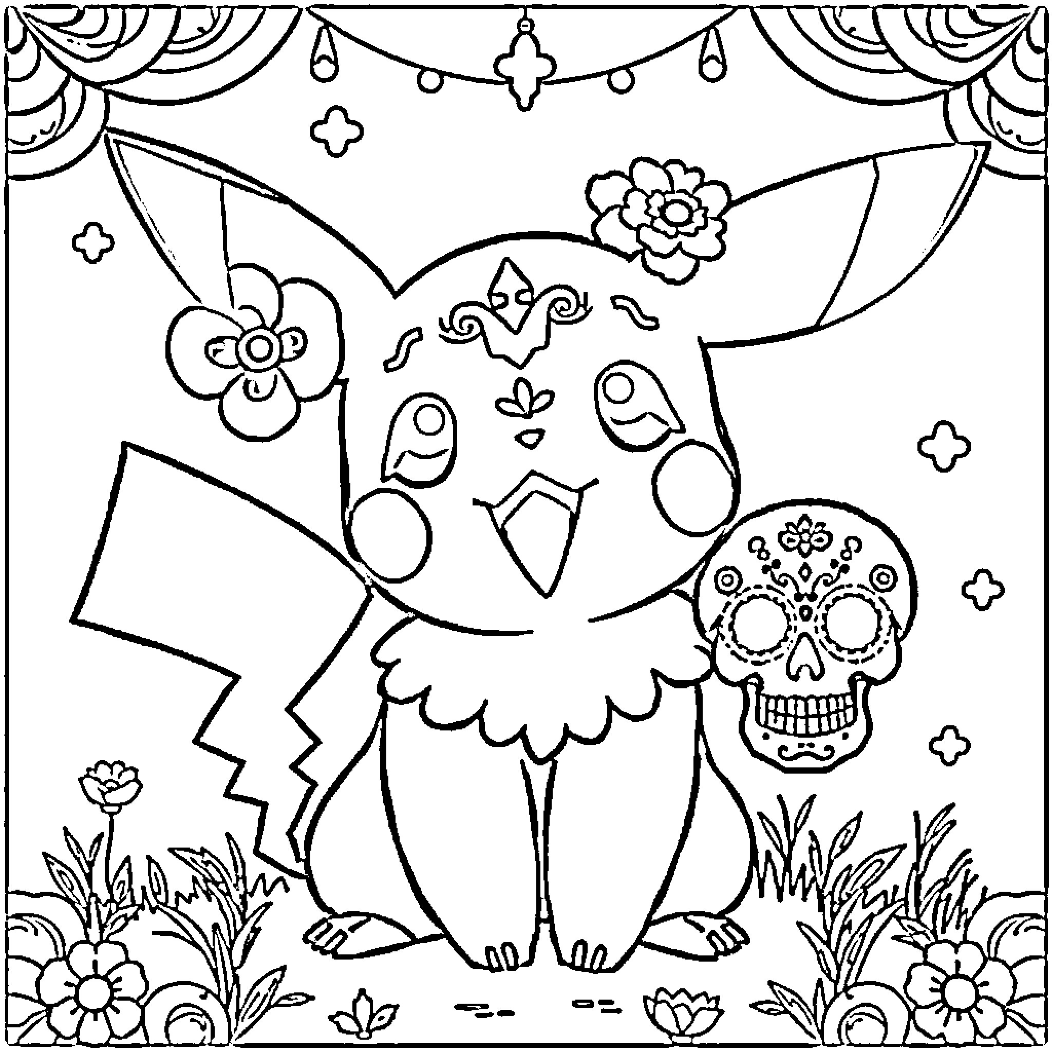 Pokémon with Dia de los Muertos-inspired decorations Coloring Page (free black-and-white line drawing printable PDF for all, from beginners to advanced learners, including children, teens, adults, and seniors)