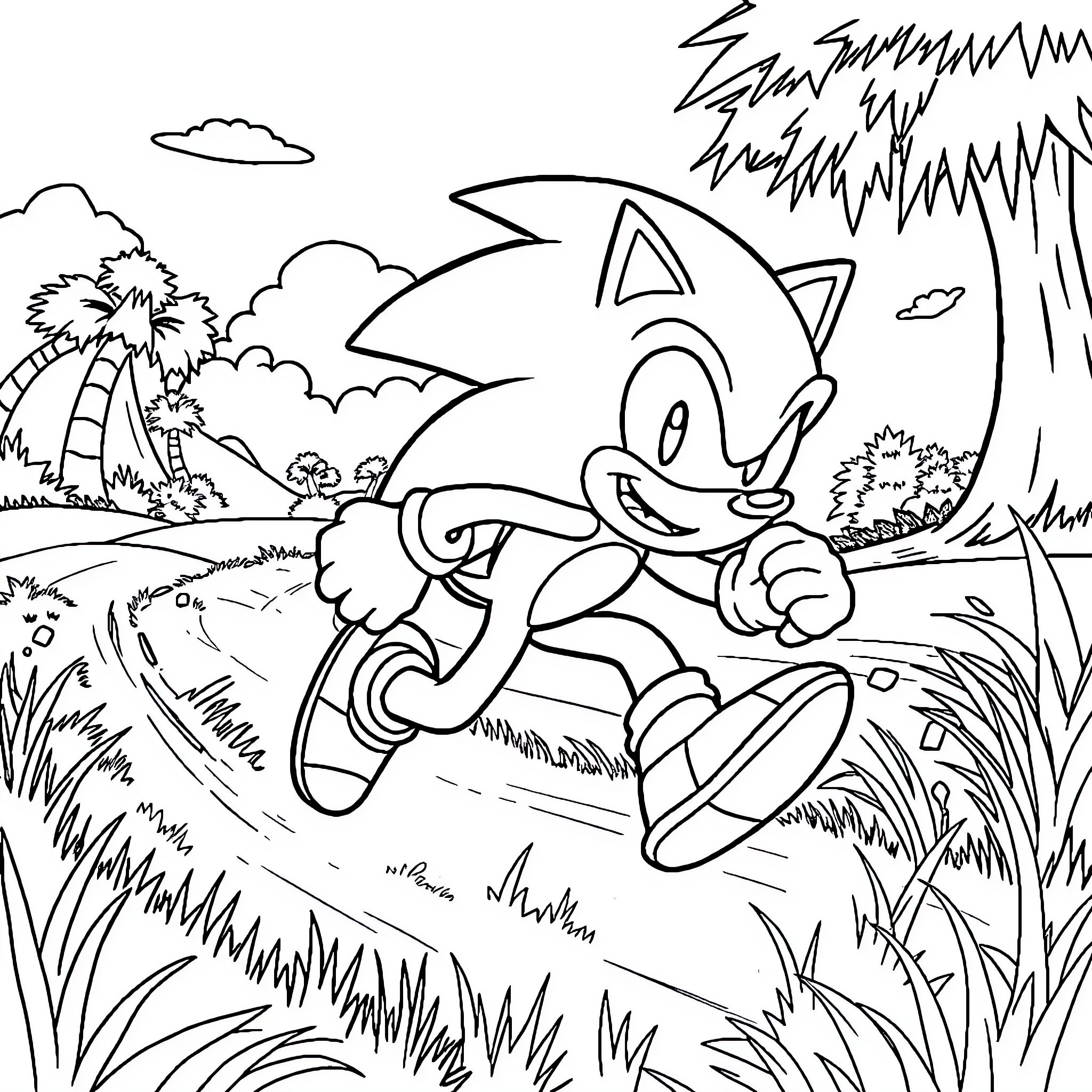 Sonic running through lush jungle landscape Coloring Page (free black-and-white line drawing printable PDF for all, from beginners to advanced learners, including children, teens, adults, and seniors)