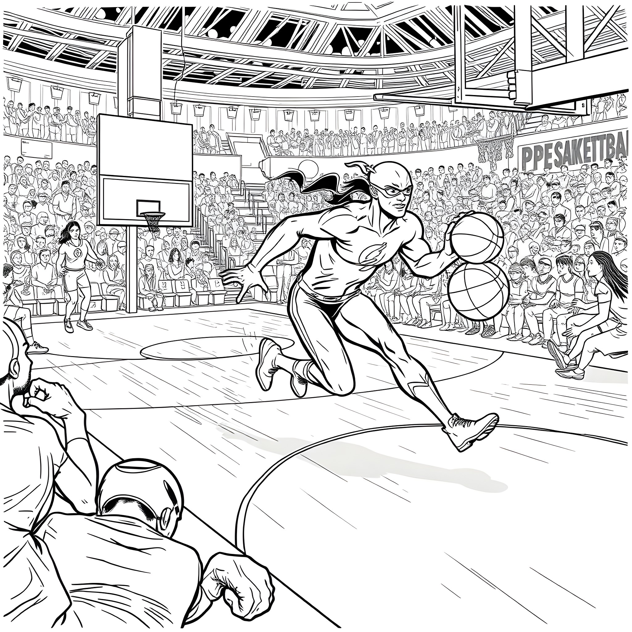 Flash Basketball Game in Crowded Arena Coloring Page (free black-and-white line drawing printable PDF for all, from beginners to advanced learners, including children, teens, adults, and seniors)