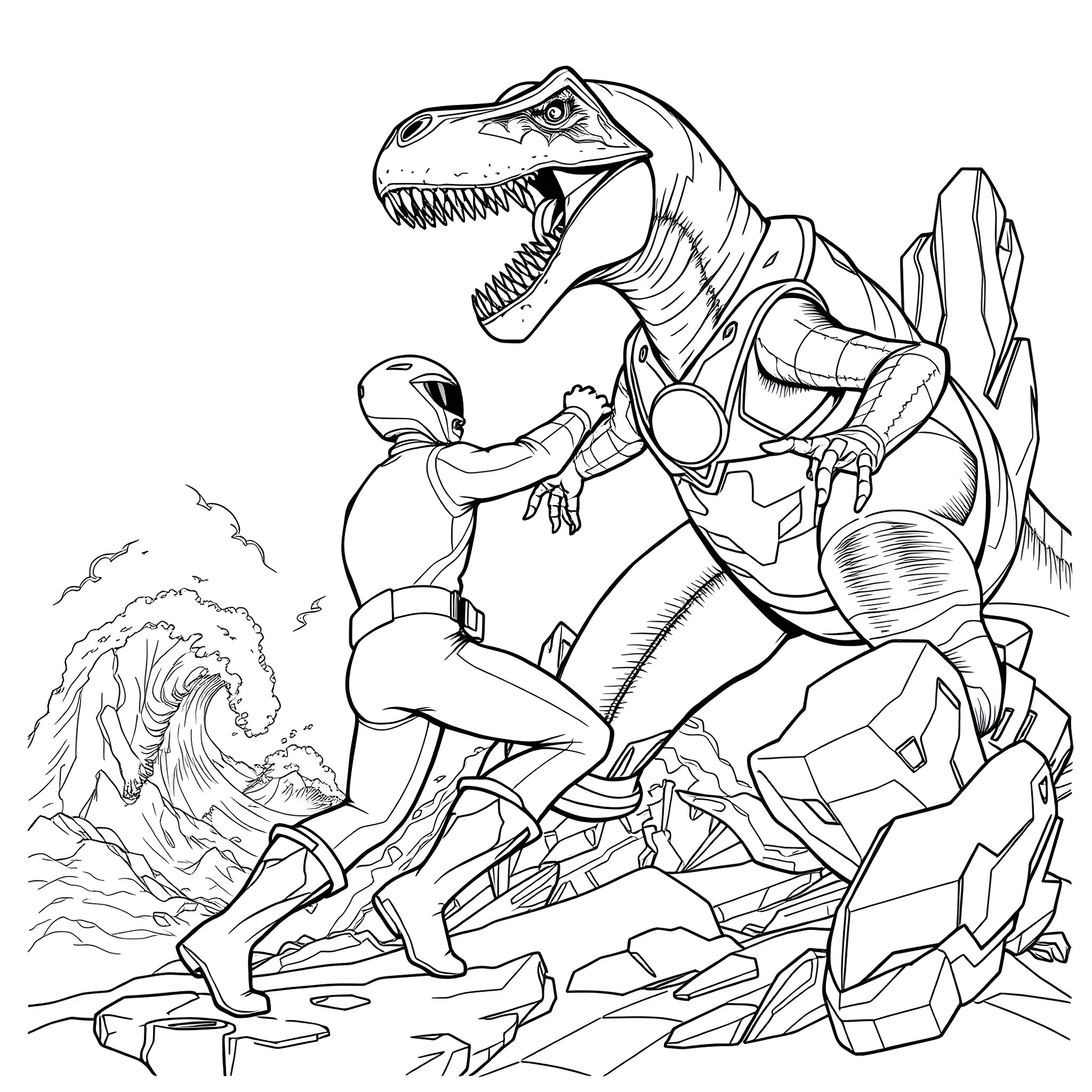 Power Ranger battles fearsome robotic dinosaur in action-packed scene Coloring Page (free black-and-white line drawing printable PDF for all, from beginners to advanced learners, including children, teens, adults, and seniors)