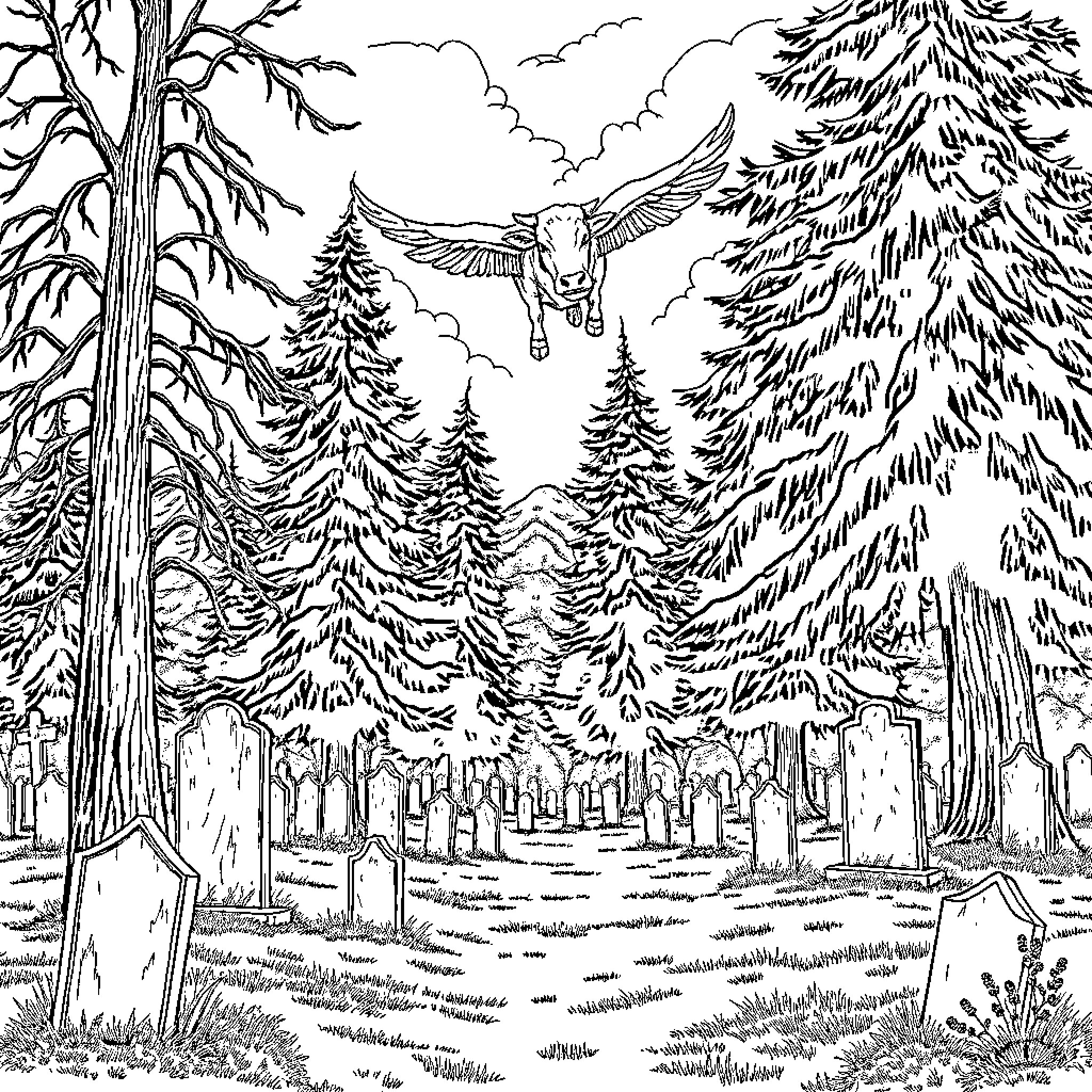 Cow soaring through snowy forest landscape Coloring Page (free black-and-white line drawing printable PDF for all, from beginners to advanced learners, including children, teens, adults, and seniors)