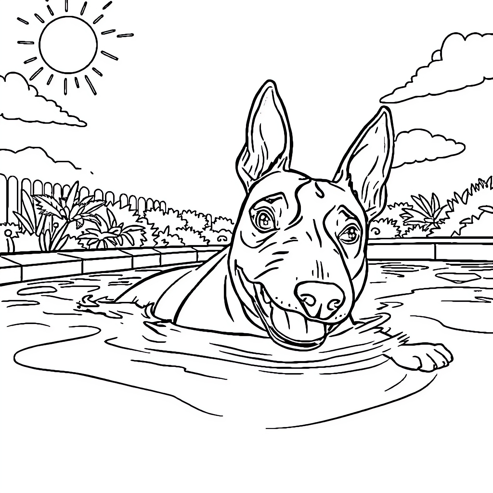 Bullterrier enjoying a swim in the pond Coloring Page (free black-and-white line drawing printable PDF for all, from beginners to advanced learners, including children, teens, adults, and seniors)