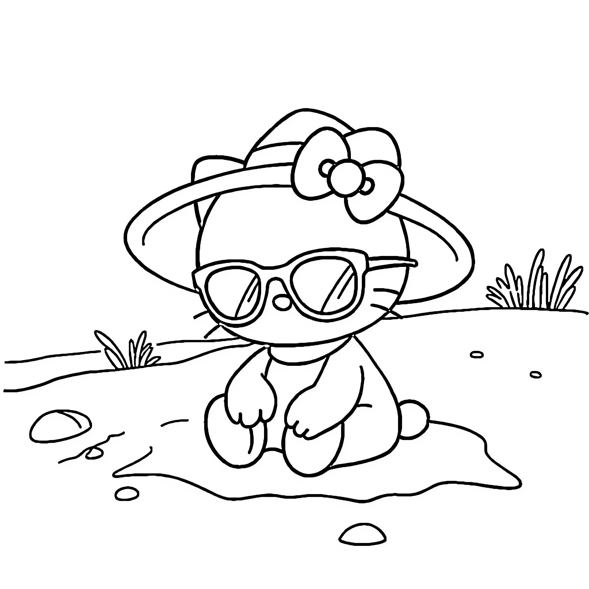 Hello Kitty relaxing in nature Coloring Page (free black-and-white line drawing printable PDF for all, from beginners to advanced learners, including children, teens, adults, and seniors)