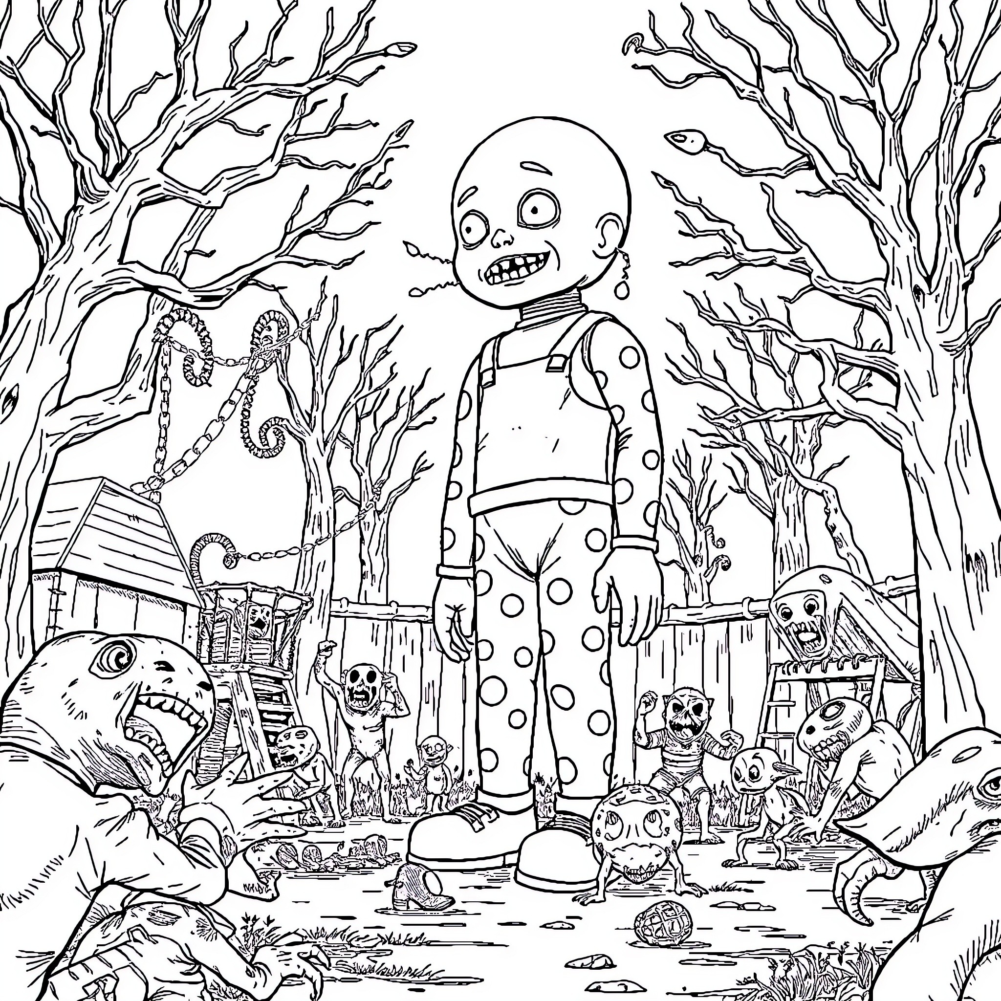 Doll in a Creepy Woodland Scene Coloring Page (free black-and-white line drawing printable PDF for all, from beginners to advanced learners, including children, teens, adults, and seniors)