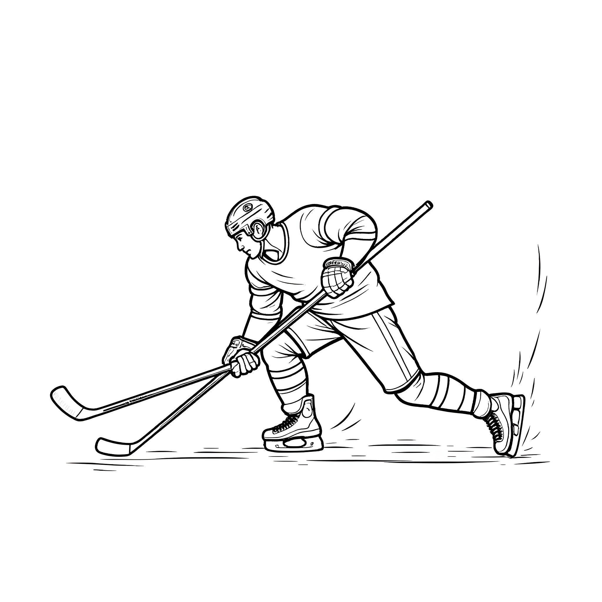 Hockey Player in Action on the Ice Coloring Page (free black-and-white line drawing printable PDF for all, from beginners to advanced learners, including children, teens, adults, and seniors)