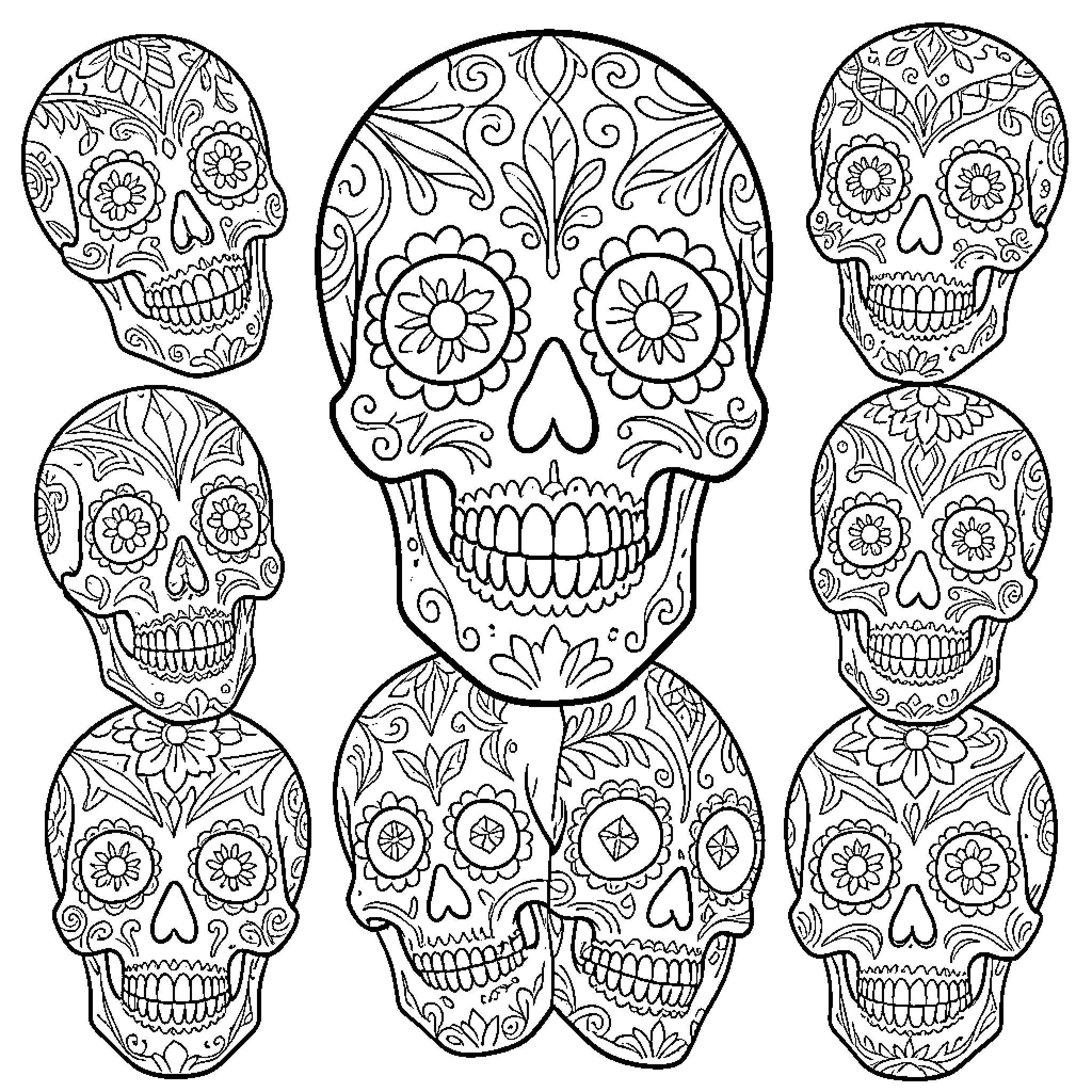 Calaveras with intricate floral patterns and decorative designs Coloring Page (free black-and-white line drawing printable PDF for all, from beginners to advanced learners, including children, teens, adults, and seniors)