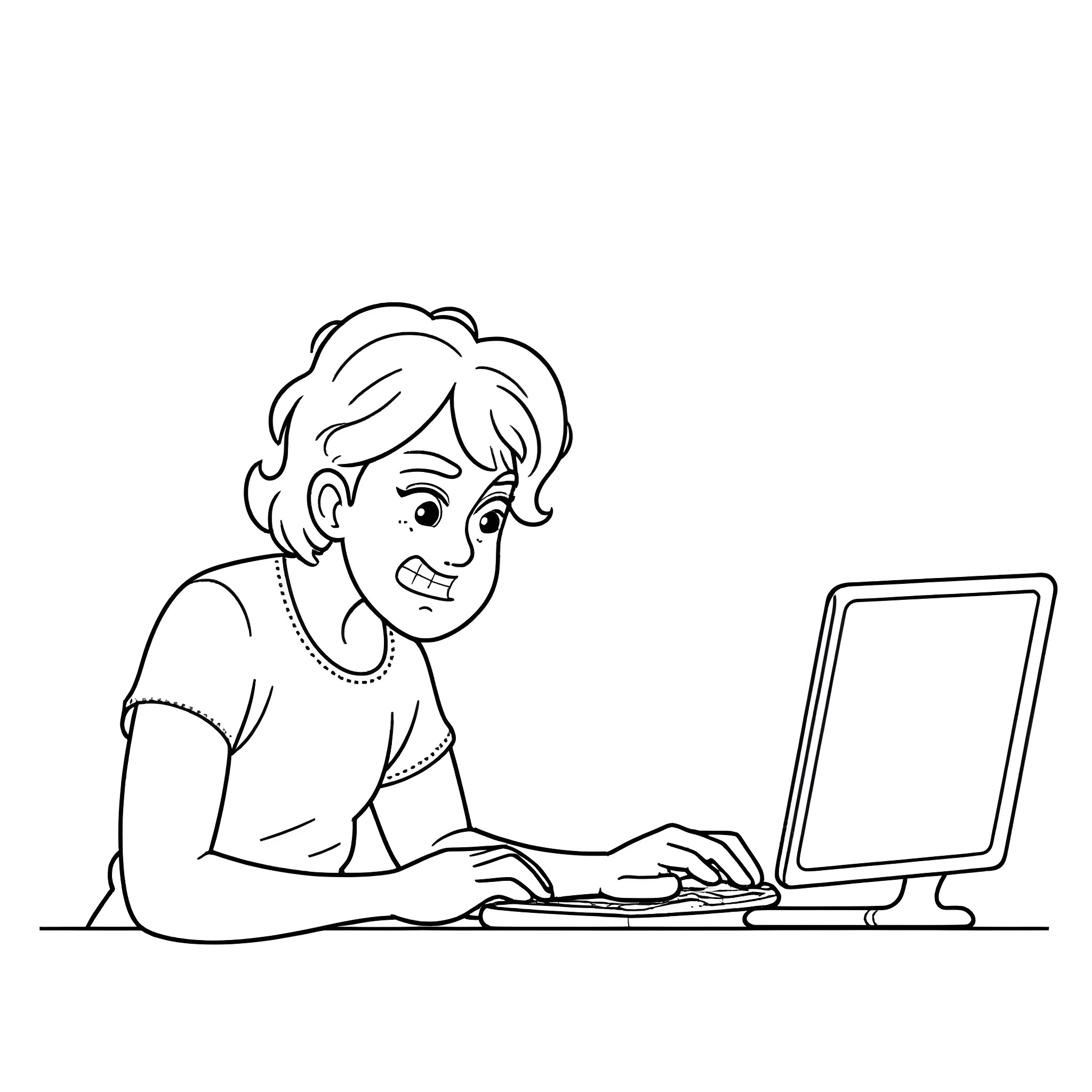 Customer working diligently on a computer Coloring Page (free black-and-white line drawing printable PDF for all, from beginners to advanced learners, including children, teens, adults, and seniors)