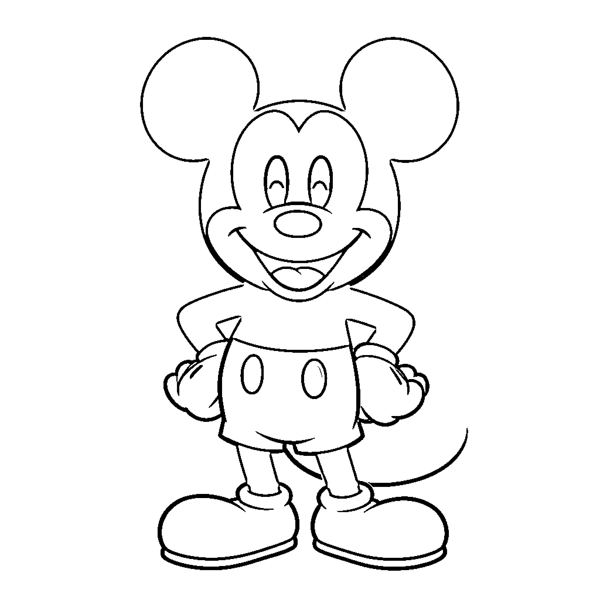 Mickey Mouse in classic cartoon outfit Coloring Page (free black-and-white line drawing printable PDF for all, from beginners to advanced learners, including children, teens, adults, and seniors)