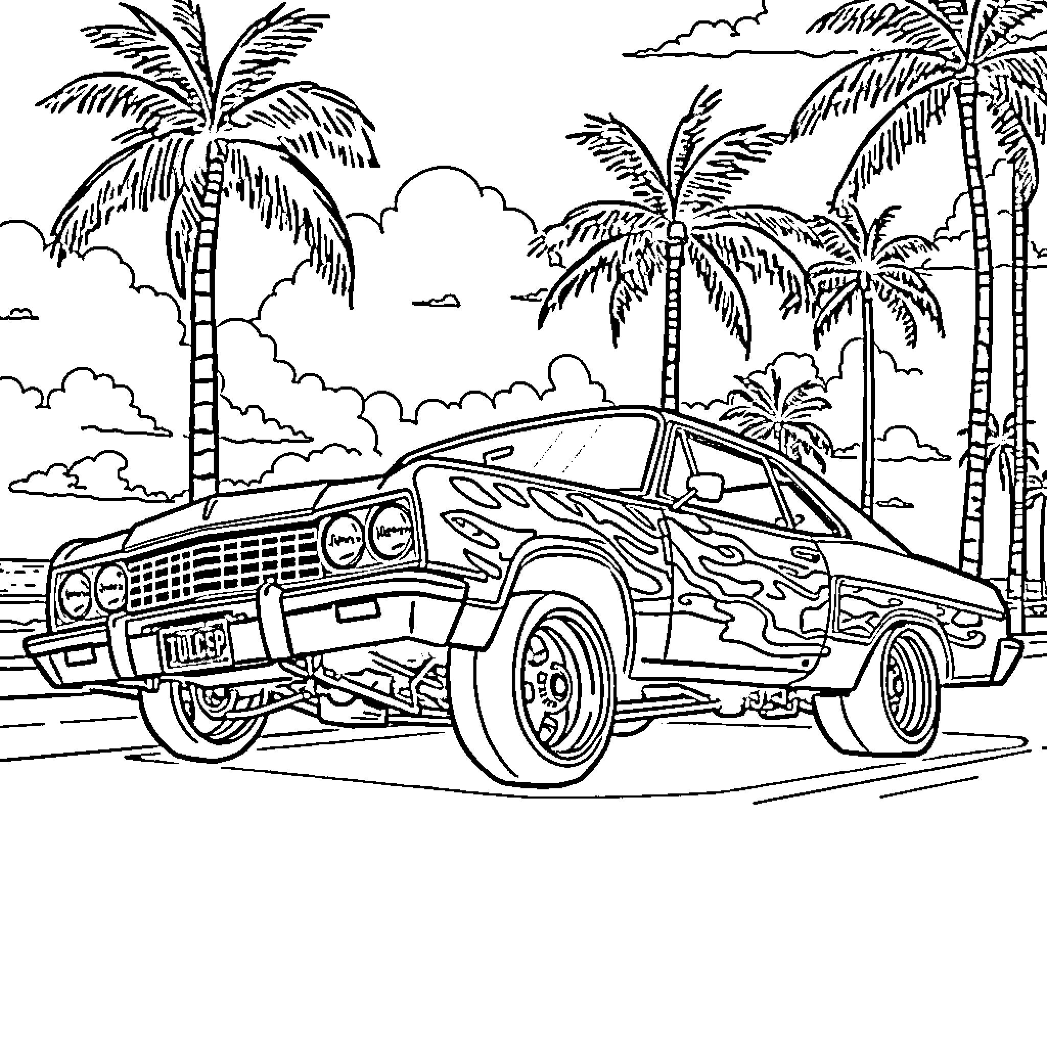 Lowrider cruising through tropical paradise Coloring Page (free black-and-white line drawing printable PDF for all, from beginners to advanced learners, including children, teens, adults, and seniors)