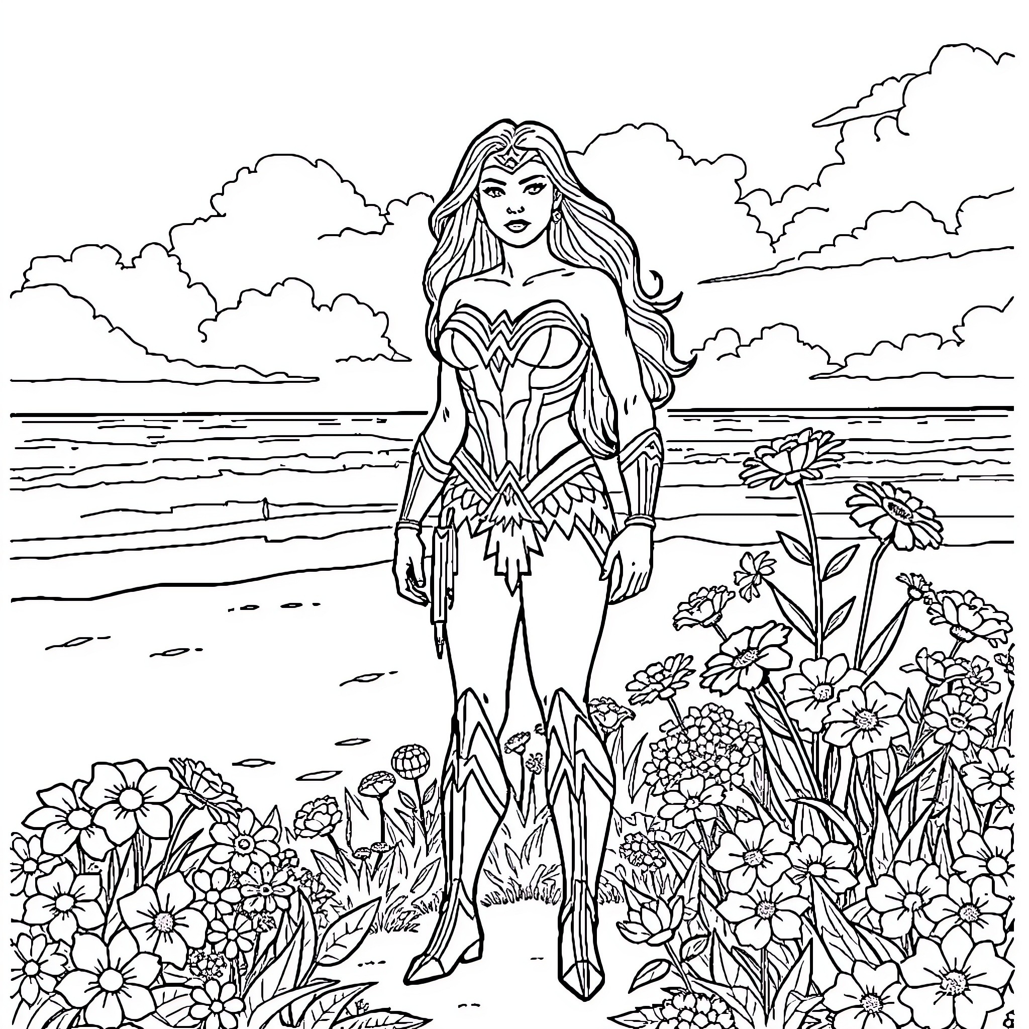 Wonder Woman on a Serene Flower-Filled Beach Coloring Page (free black-and-white line drawing printable PDF for all, from beginners to advanced learners, including children, teens, adults, and seniors)