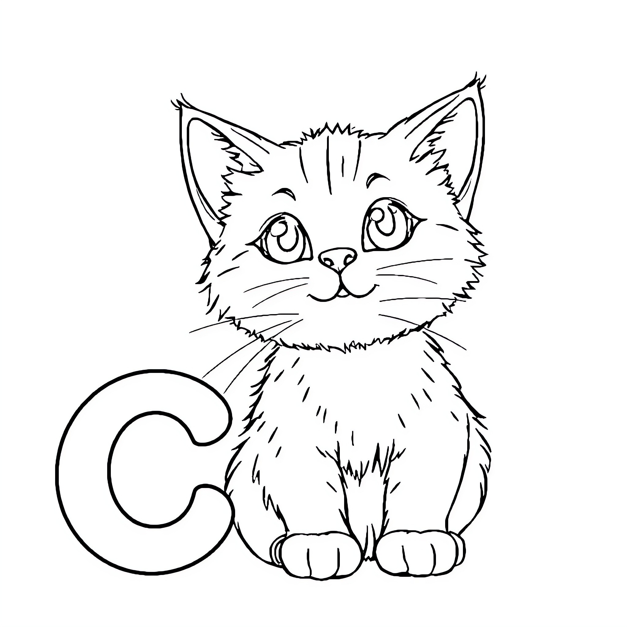 Cat with Alphabet Letter C Coloring Page (free black-and-white line drawing printable PDF for all, from beginners to advanced learners, including children, teens, adults, and seniors)