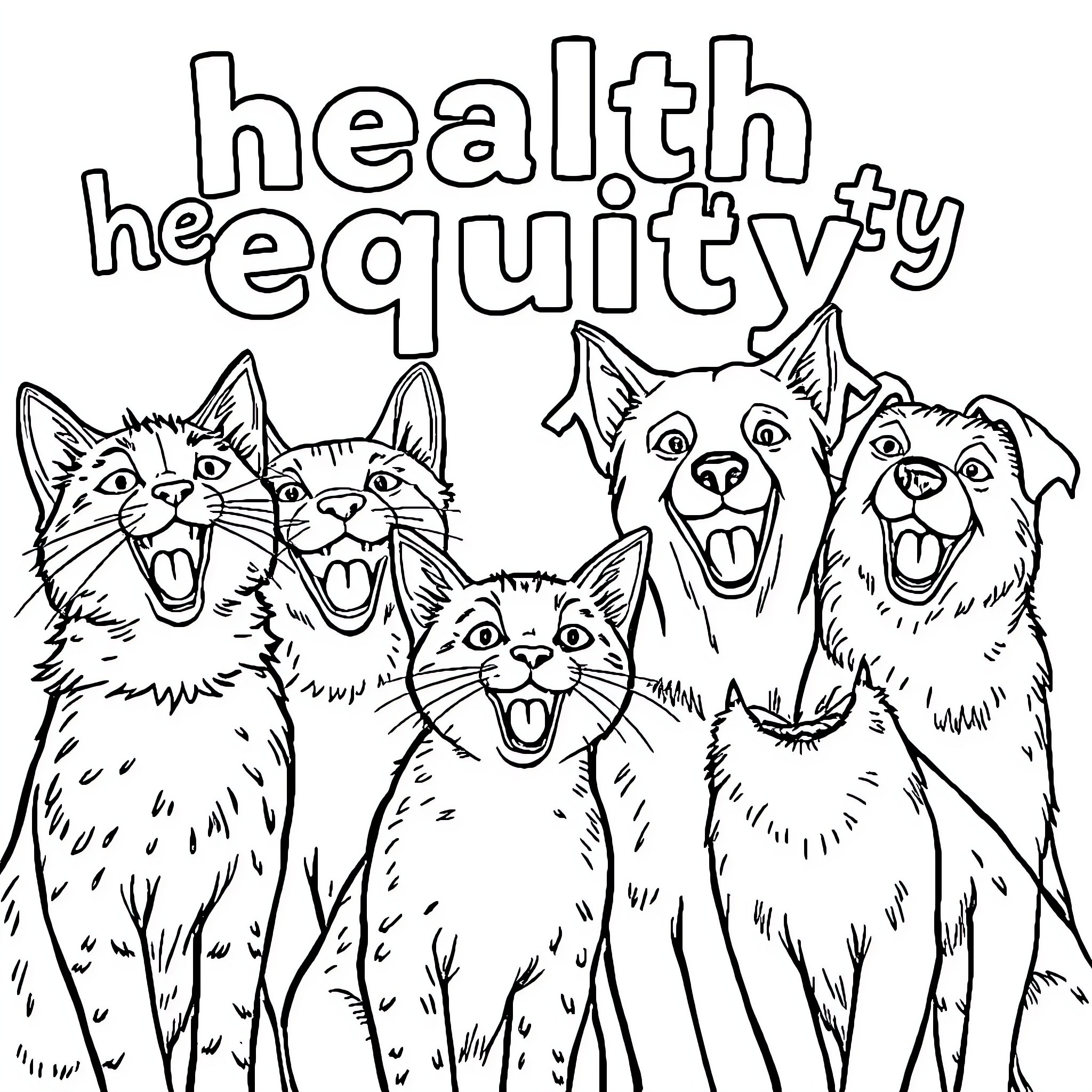 Cat and Dog Cheerfully Illustrating Health Equity Coloring Page (free black-and-white line drawing printable PDF for all, from beginners to advanced learners, including children, teens, adults, and seniors)