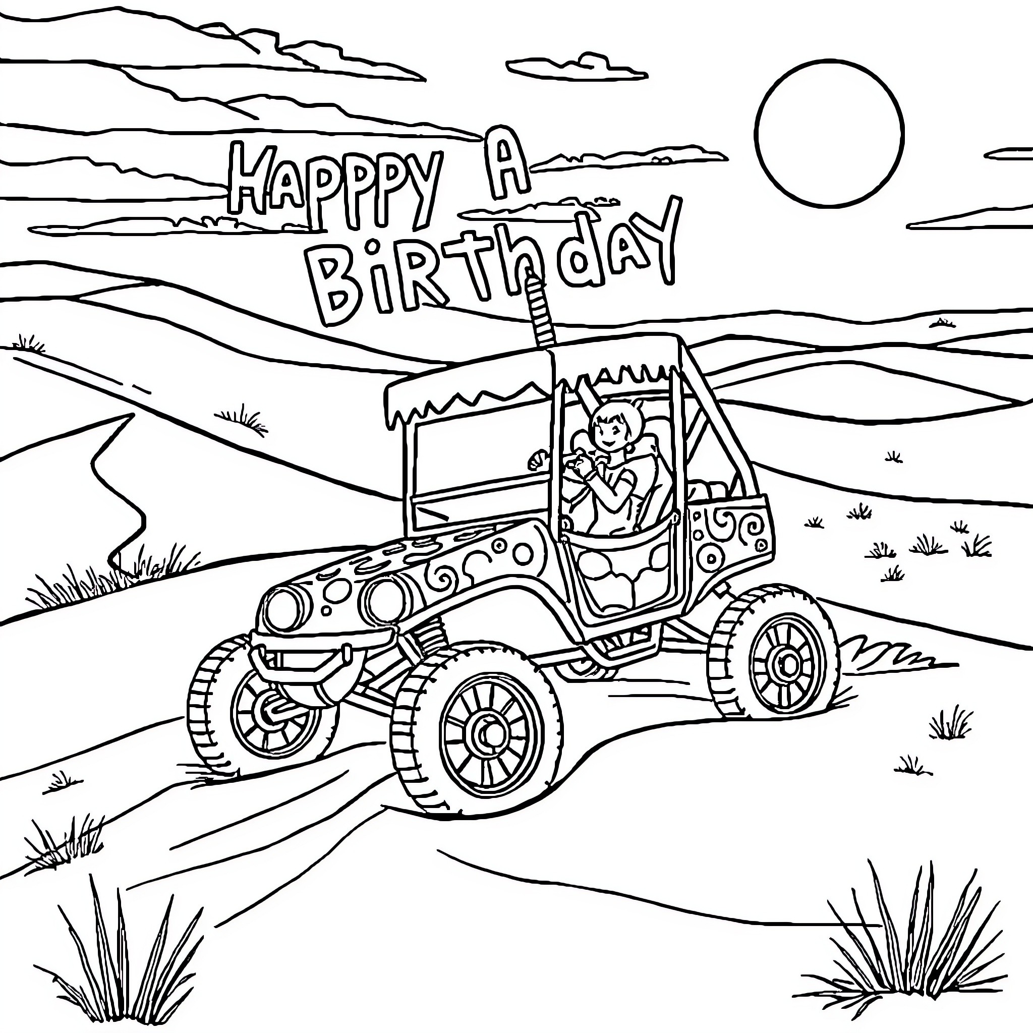 Birthday Celebration in Adventurous Offroad Vehicle Coloring Page (free black-and-white line drawing printable PDF for all, from beginners to advanced learners, including children, teens, adults, and seniors)