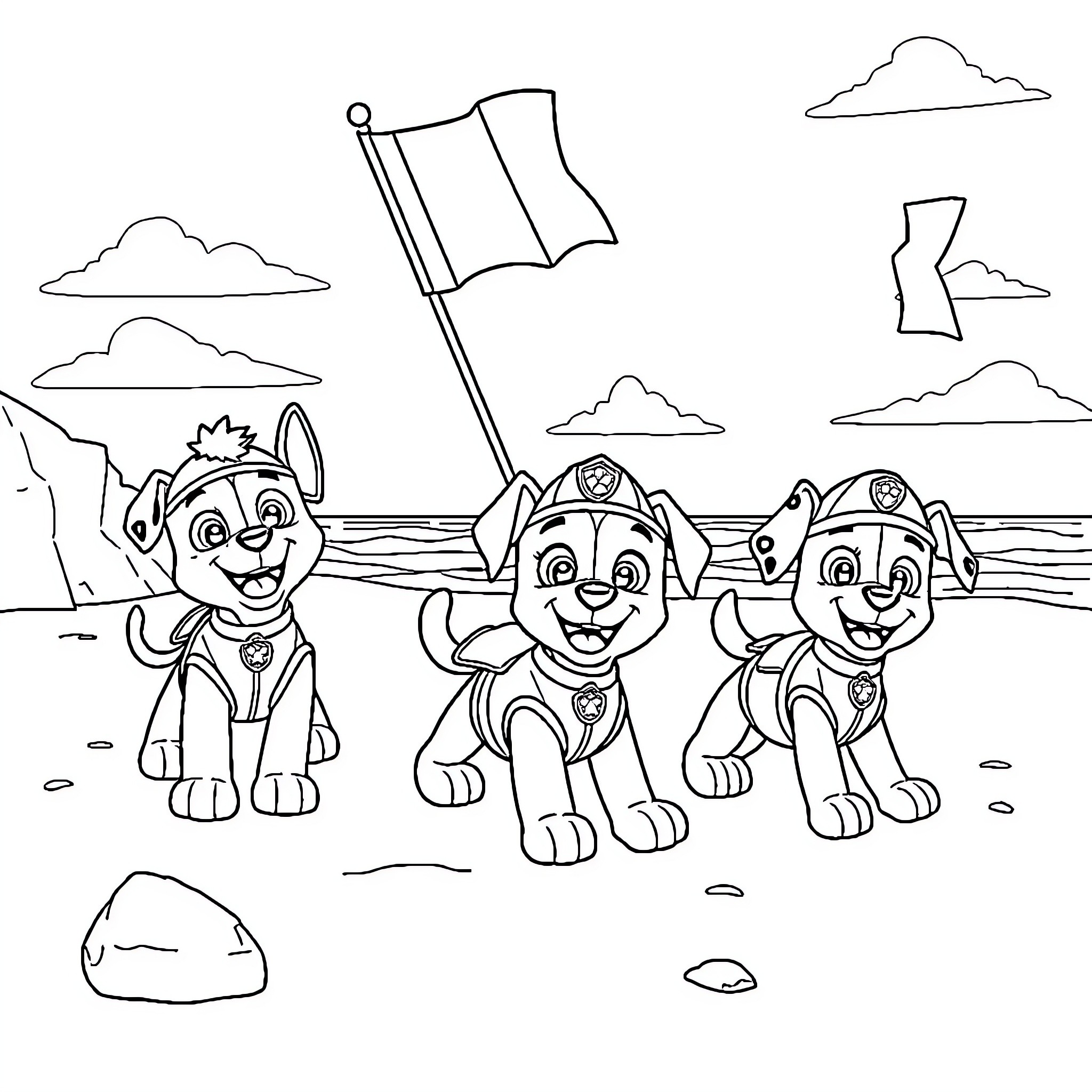 Paw Patrol Pups on Patrol with Flag Coloring Page (free black-and-white line drawing printable PDF for all, from beginners to advanced learners, including children, teens, adults, and seniors)