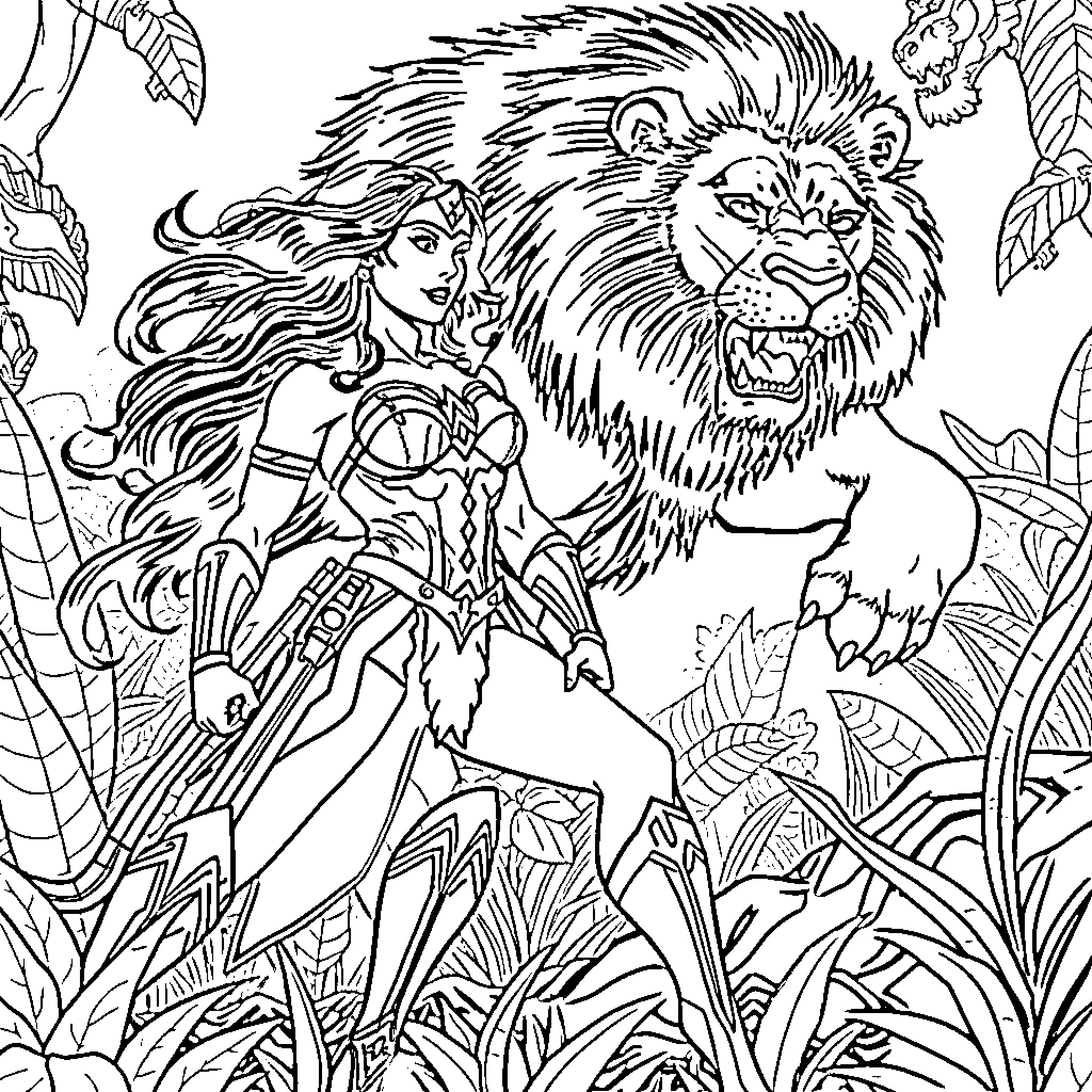 Wonder Woman in the Jungle with a Fierce Lion Coloring Page (free black-and-white line drawing printable PDF for all, from beginners to advanced learners, including children, teens, adults, and seniors)