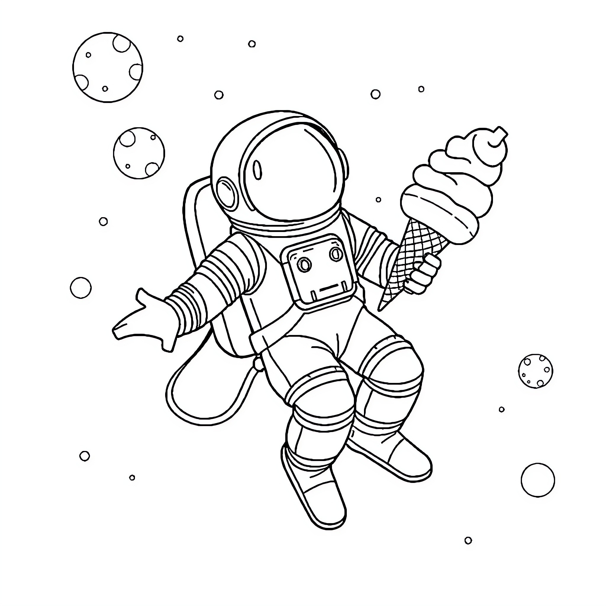 Astronaut enjoying an ice cream float in space Coloring Page (free black-and-white line drawing printable PDF for all, from beginners to advanced learners, including children, teens, adults, and seniors)