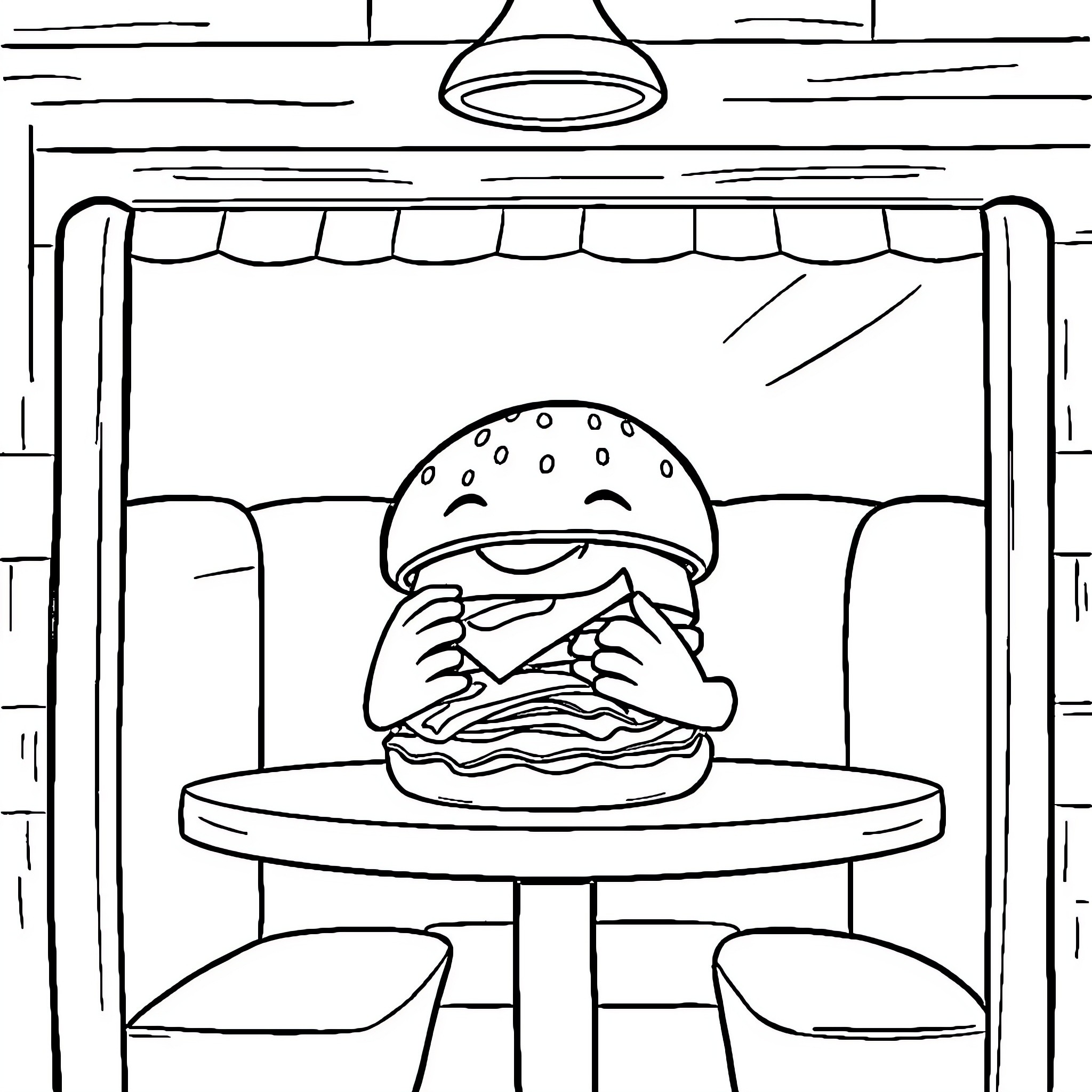 Burger character enjoying a delicious meal Coloring Page (free black-and-white line drawing printable PDF for all, from beginners to advanced learners, including children, teens, adults, and seniors)