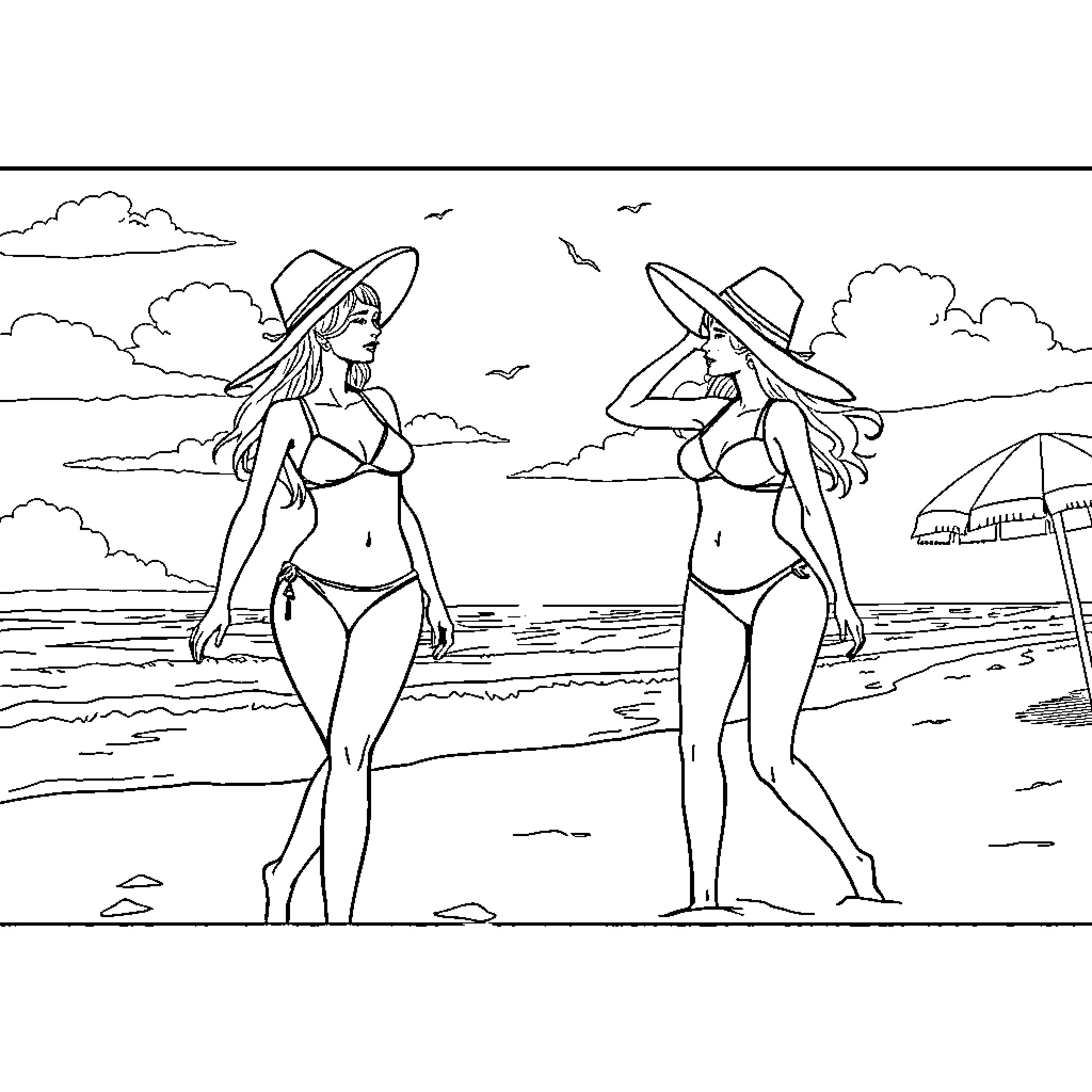 Girls in swimsuits enjoying beach scenery Coloring Page (free black-and-white line drawing printable PDF for all, from beginners to advanced learners, including children, teens, adults, and seniors)