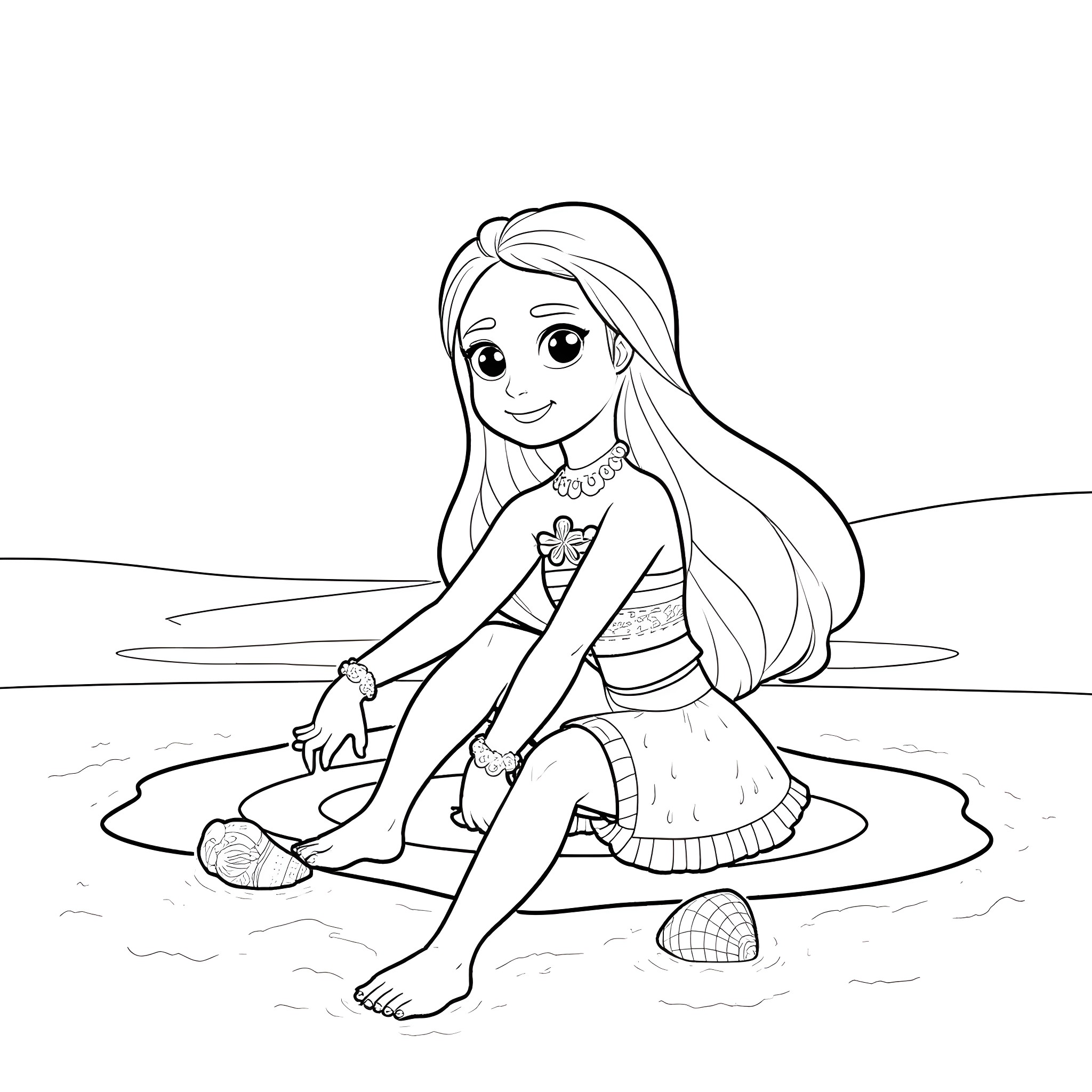 Moana playing on the beach Coloring Page (free black-and-white line drawing printable PDF for all, from beginners to advanced learners, including children, teens, adults, and seniors)