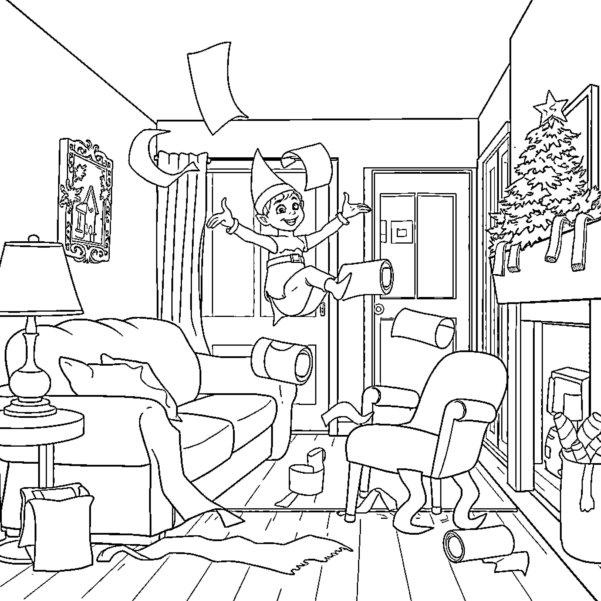 Elf causing mischief in messy living room Coloring Page (free black-and-white line drawing printable PDF for all, from beginners to advanced learners, including children, teens, adults, and seniors)