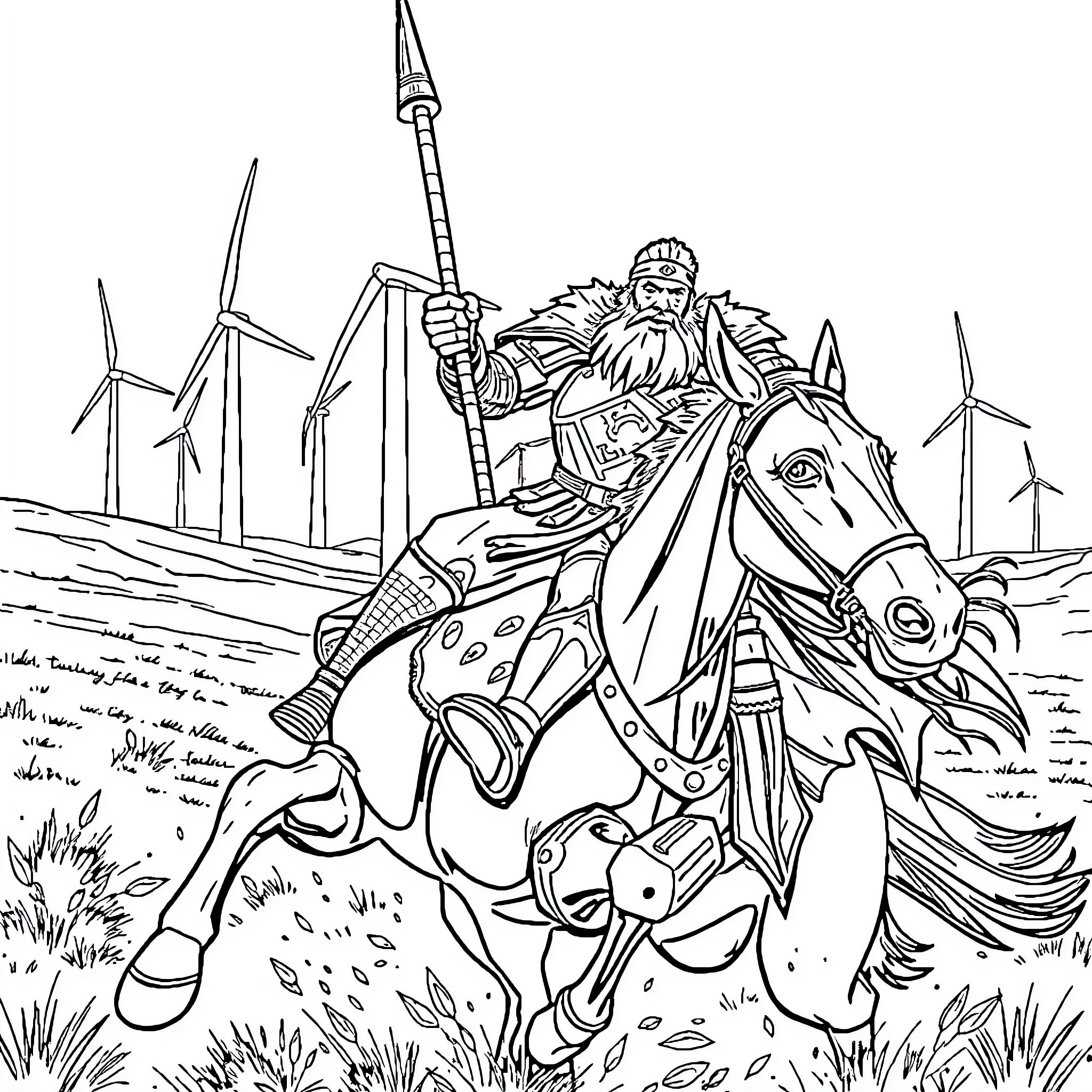 Man on horseback wielding a spear in a wind turbine field Coloring Page (free black-and-white line drawing printable PDF for all, from beginners to advanced learners, including children, teens, adults, and seniors)