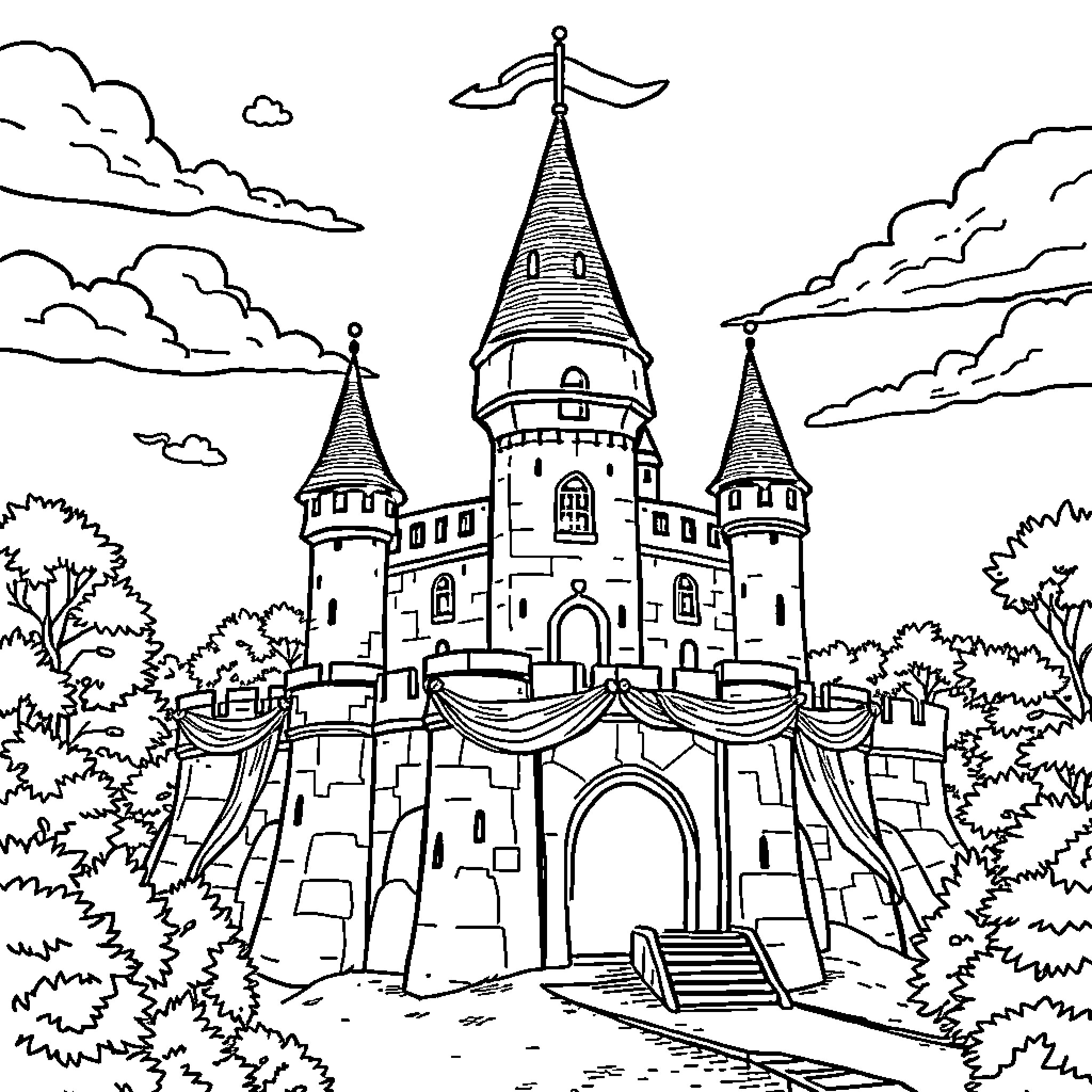 Château Fort of grand towers and gates Coloring Page (free black-and-white line drawing printable PDF for all, from beginners to advanced learners, including children, teens, adults, and seniors)
