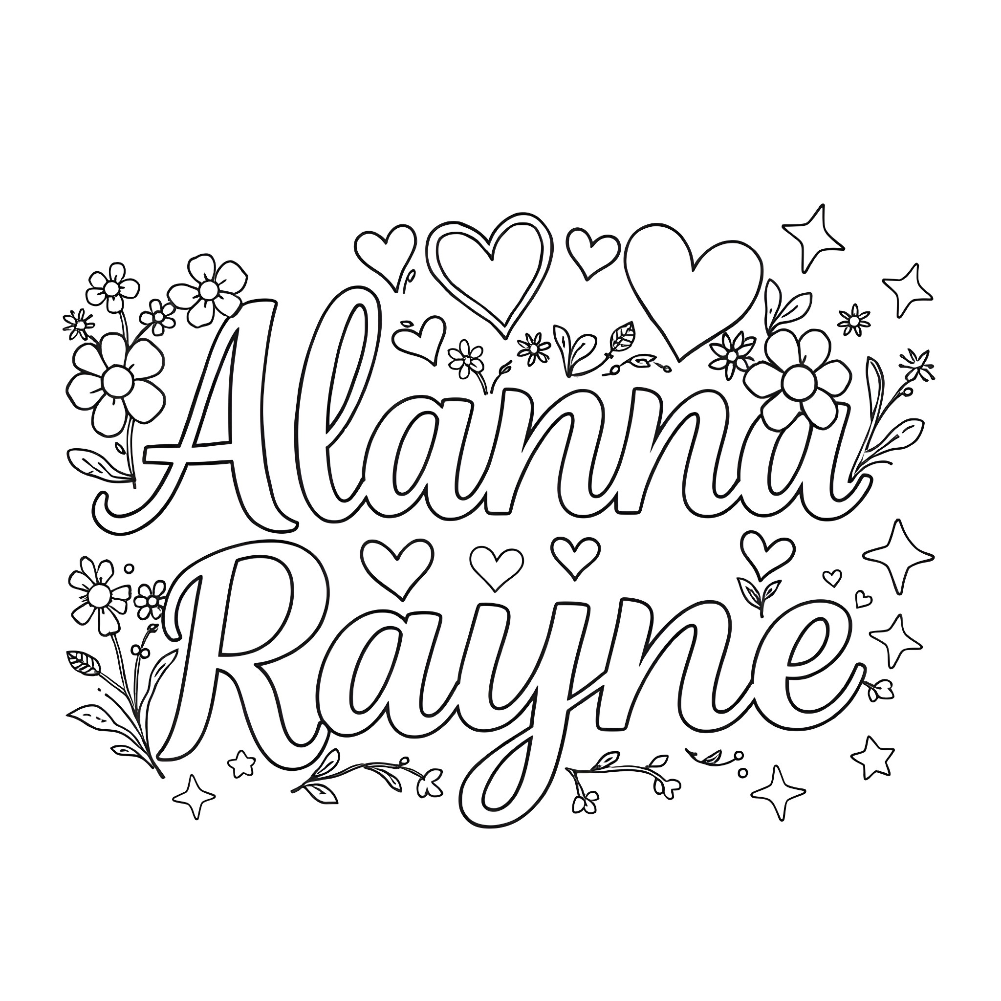 Font of Alanna Rayne with floral elements Coloring Page (free black-and-white line drawing printable PDF for all, from beginners to advanced learners, including children, teens, adults, and seniors)