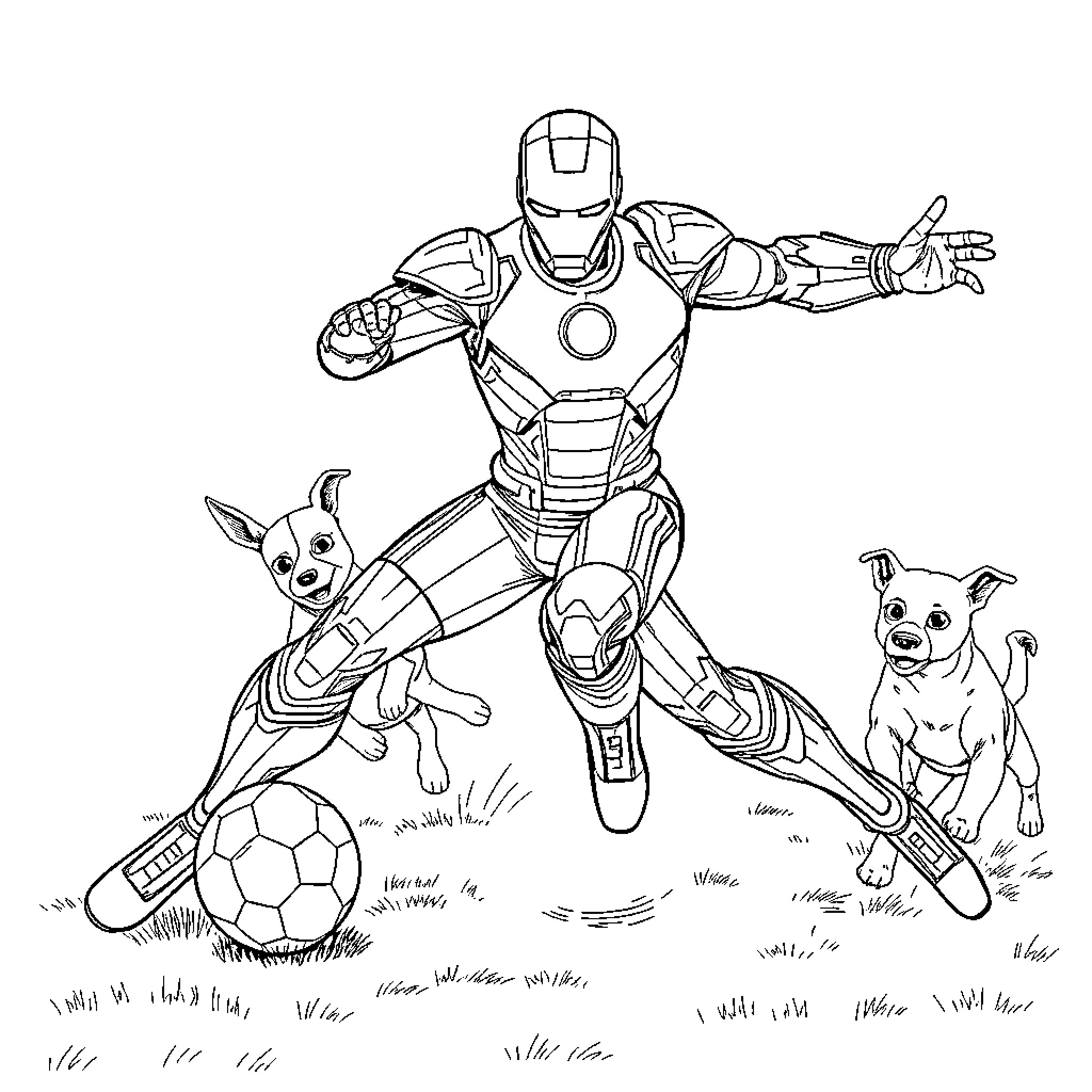 Ironman playing soccer with puppies in the park Coloring Page (free black-and-white line drawing printable PDF for all, from beginners to advanced learners, including children, teens, adults, and seniors)