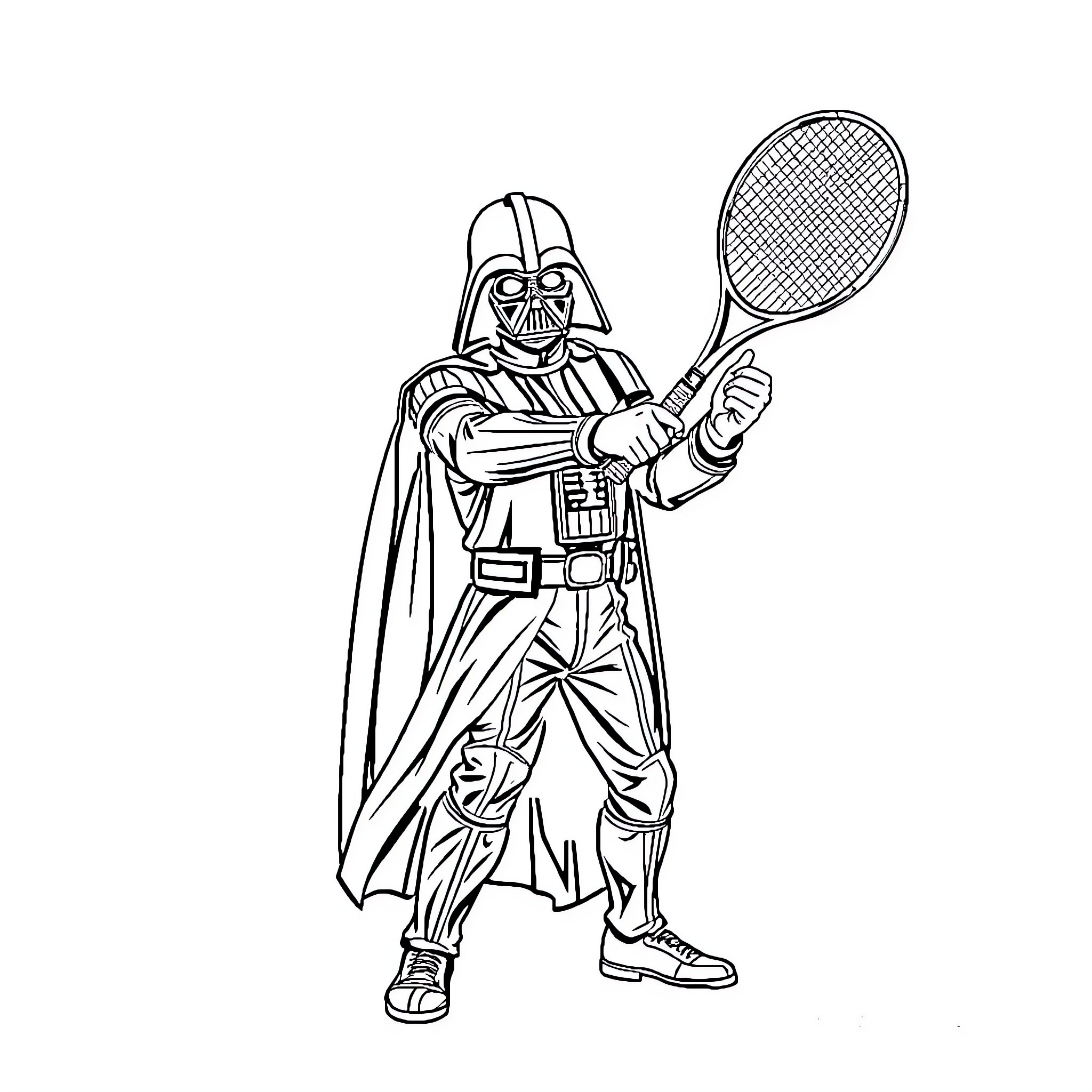 Dart Vader playing tennis with a lightsaber Coloring Page (free black-and-white line drawing printable PDF for all, from beginners to advanced learners, including children, teens, adults, and seniors)