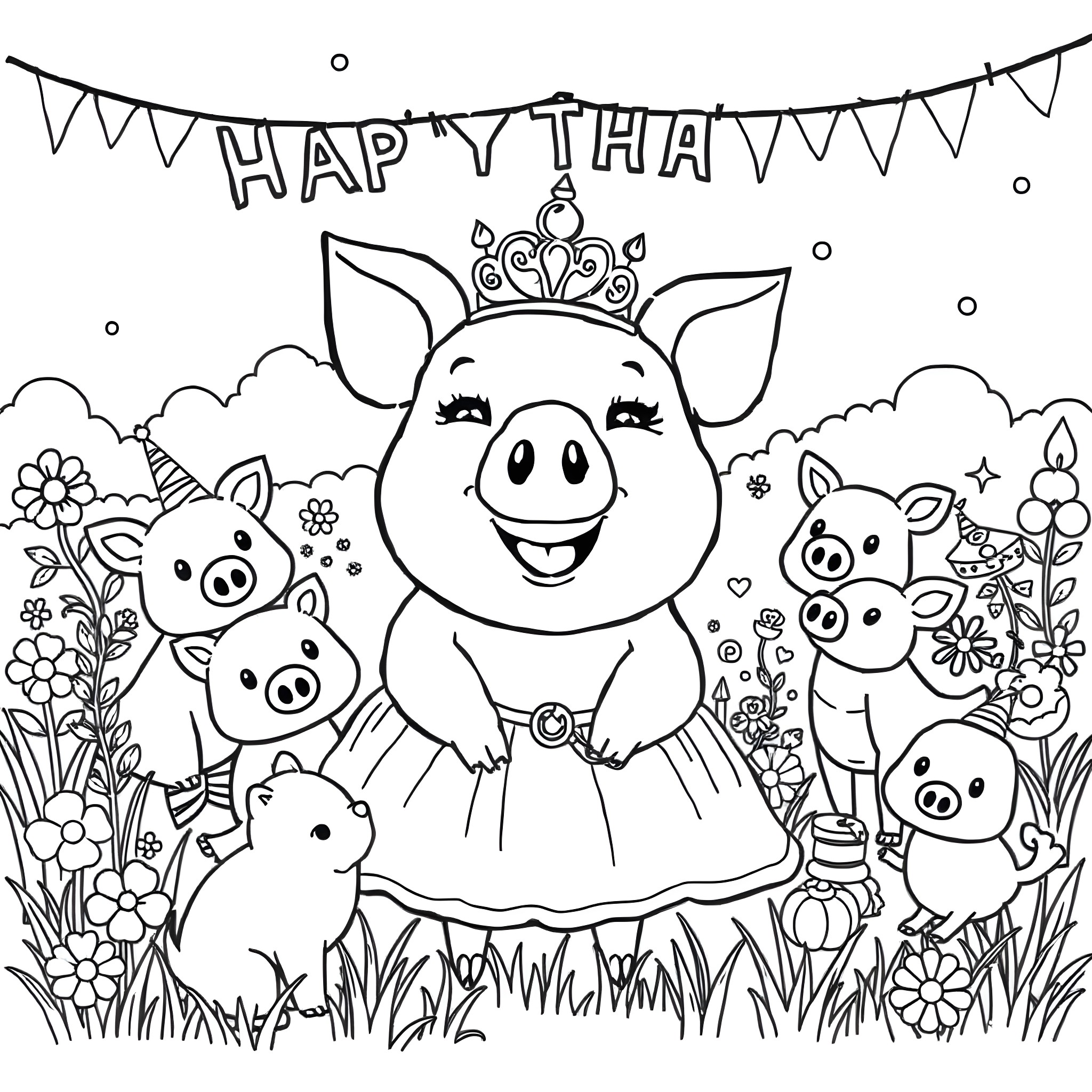 Pig celebrating a happy occasion with friends Coloring Page (free black-and-white line drawing printable PDF for all, from beginners to advanced learners, including children, teens, adults, and seniors)
