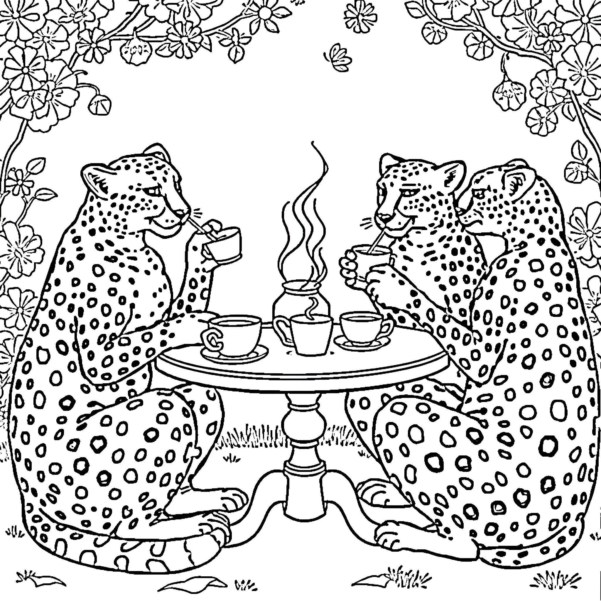 Cheetahs enjoying a relaxing tea time Coloring Page (free black-and-white line drawing printable PDF for all, from beginners to advanced learners, including children, teens, adults, and seniors)