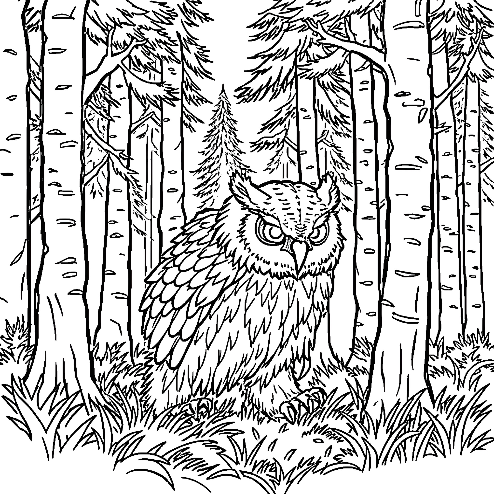 Owlbear Guarding the Enchanted Forest Coloring Page (free black-and-white line drawing printable PDF for all, from beginners to advanced learners, including children, teens, adults, and seniors)