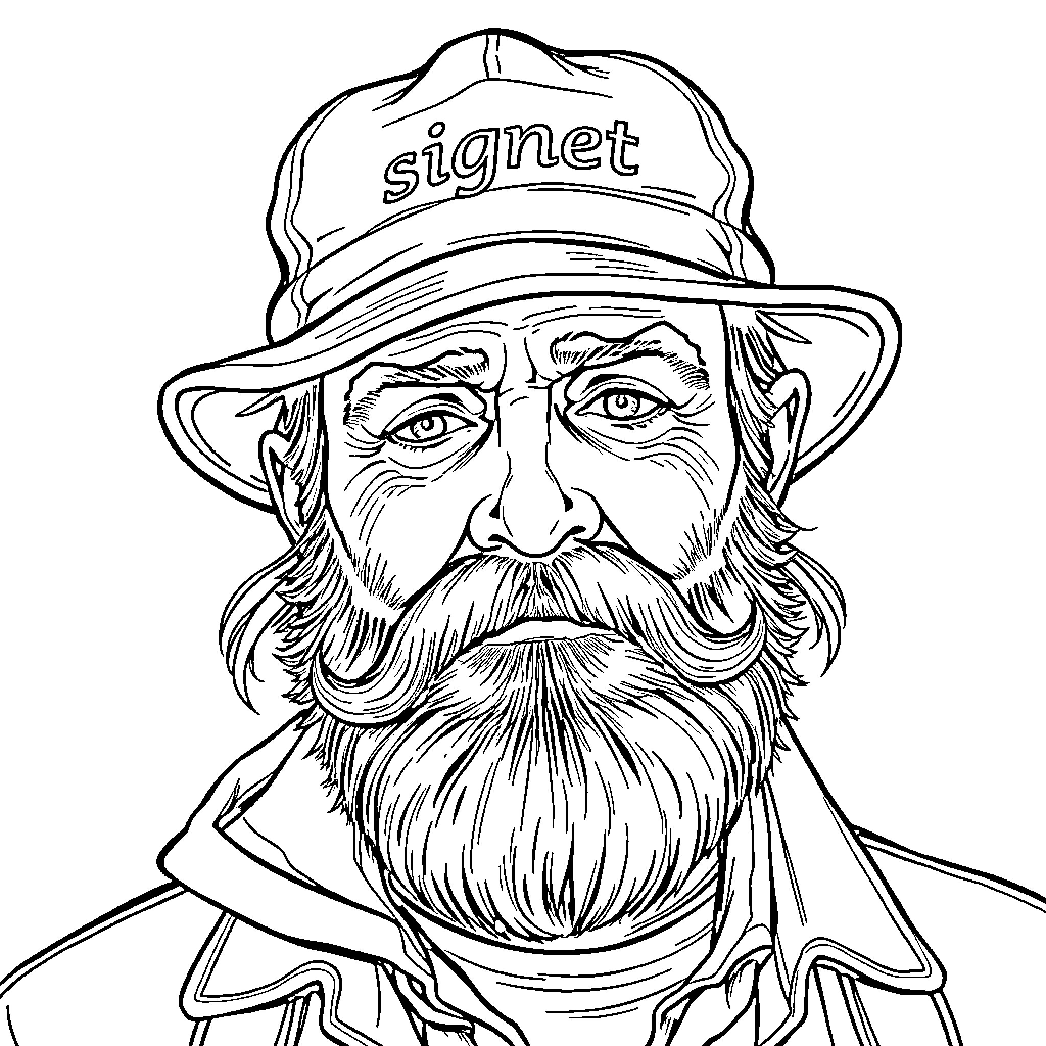 Man with beard wearing a hat Coloring Page (free black-and-white line drawing printable PDF for all, from beginners to advanced learners, including children, teens, adults, and seniors)
