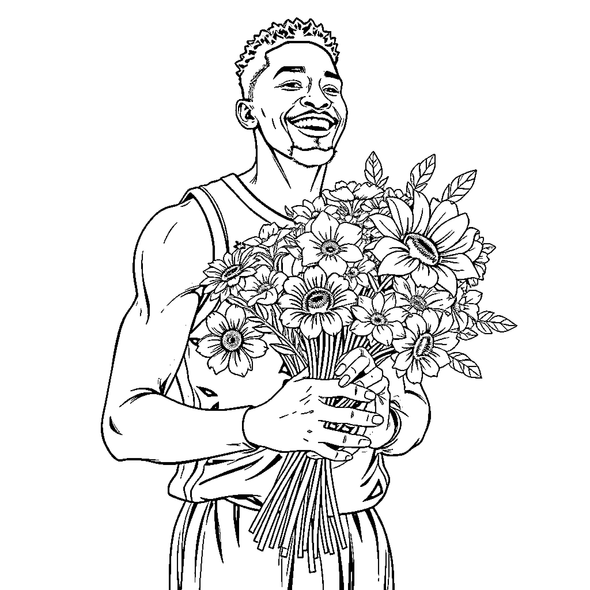 NBA Youngboy holding a bouquet of flowers Coloring Page (free black-and-white line drawing printable PDF for all, from beginners to advanced learners, including children, teens, adults, and seniors)