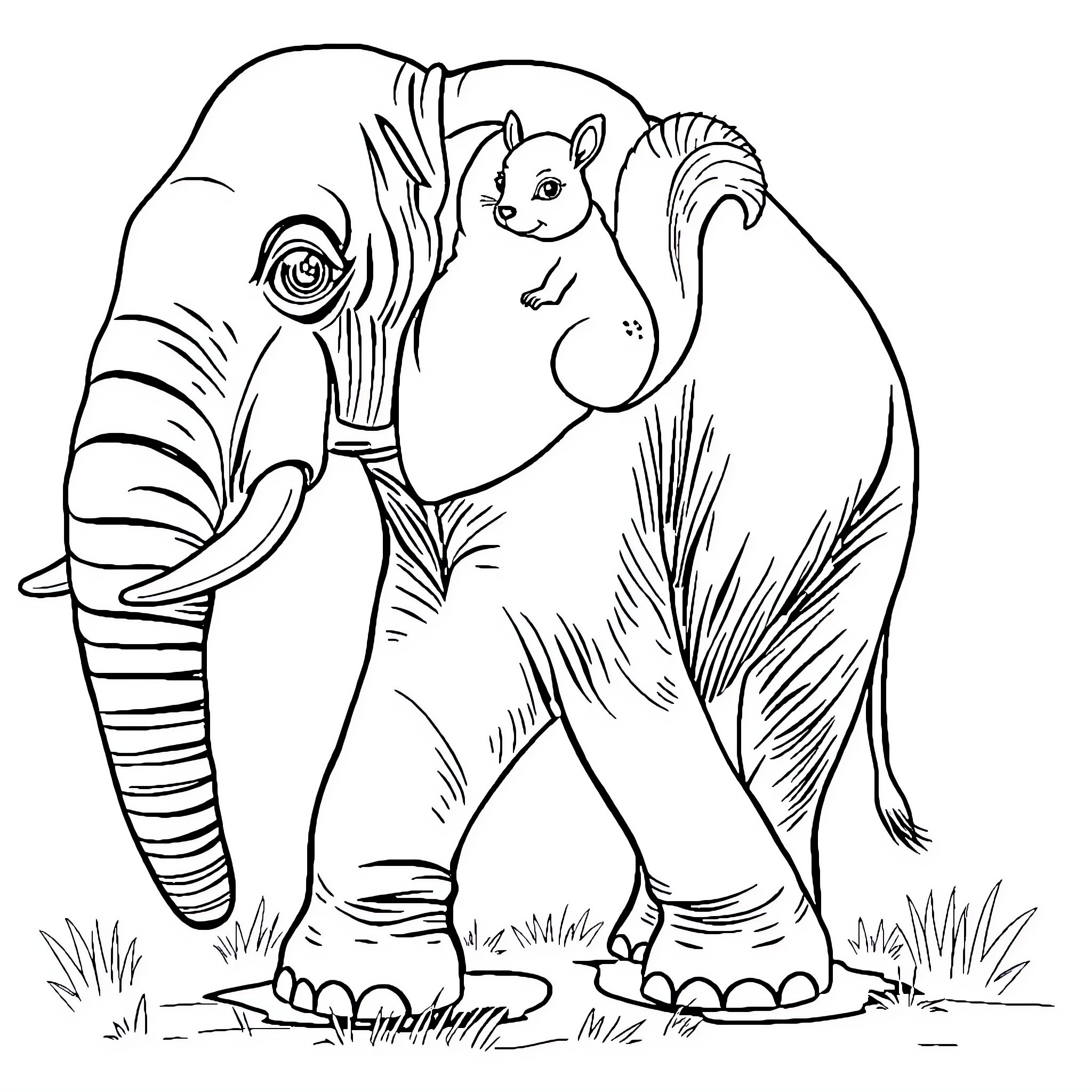 Elephant with playful squirrel in natural setting Coloring Page (free black-and-white line drawing printable PDF for all, from beginners to advanced learners, including children, teens, adults, and seniors)